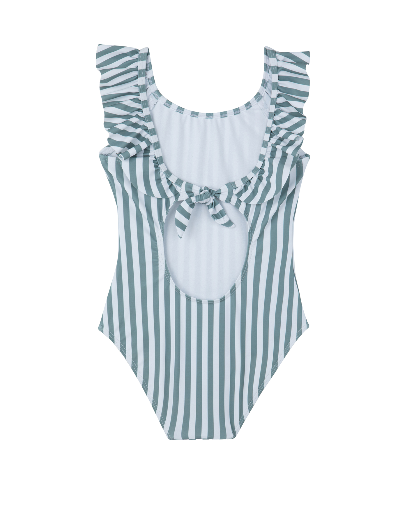 Back View Of Sweet Stripe Square Neck Ruffle One Piece | white-green
