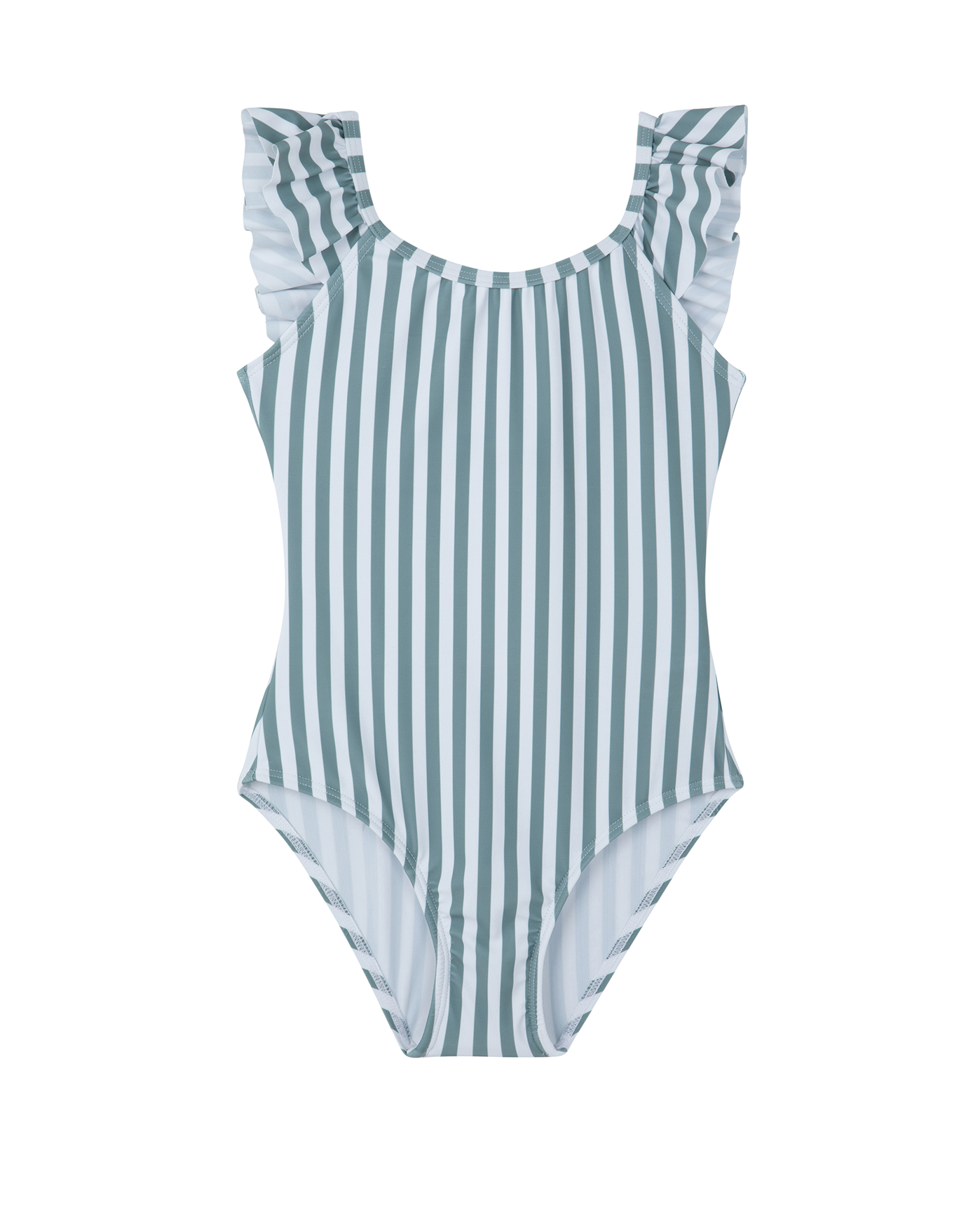 Front View Of Sweet Stripe Square Neck Ruffle One Piece | white-green
