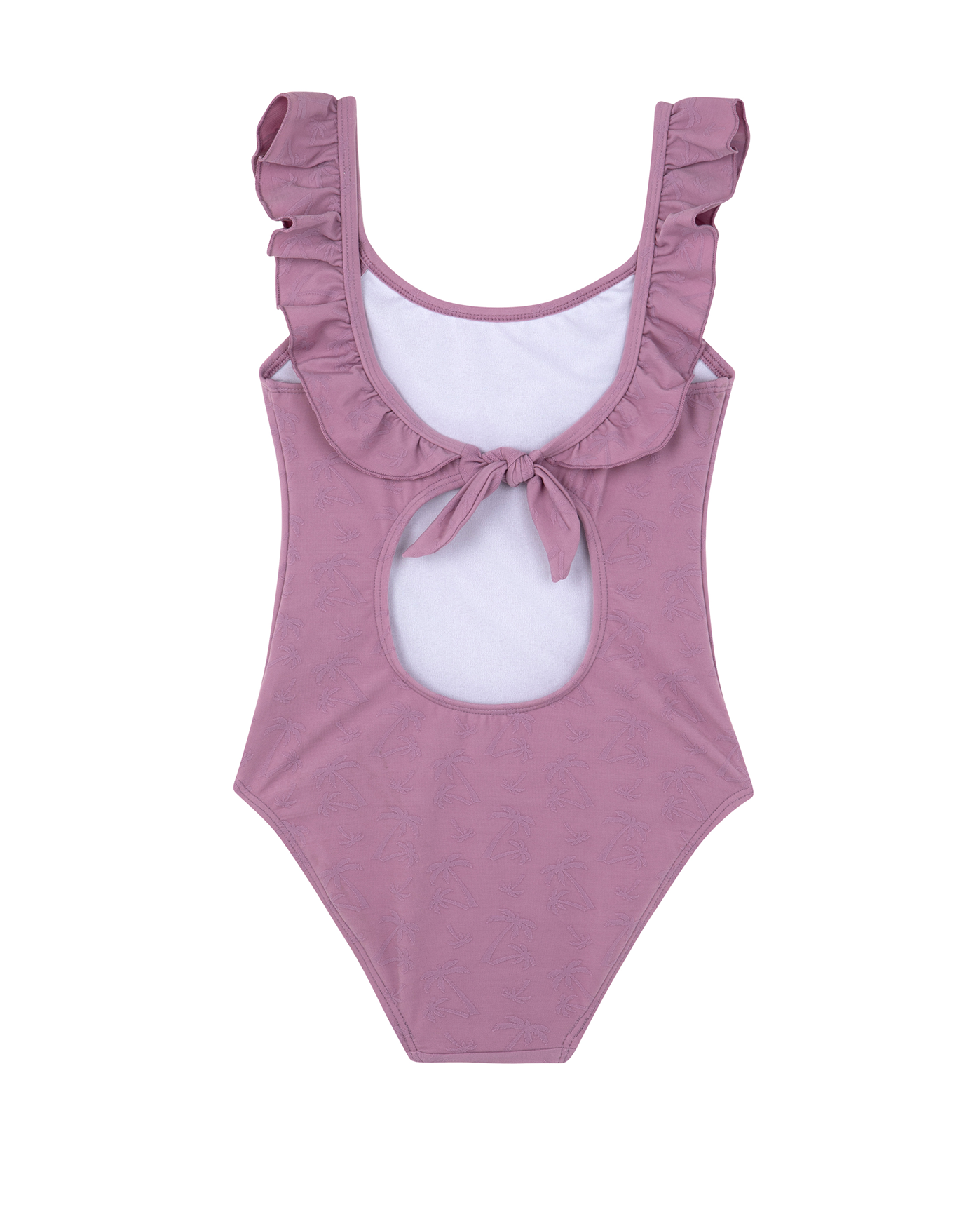 Back View Of Palm Party Textured Square Neck Ruffle One Piece | palm-party-pink