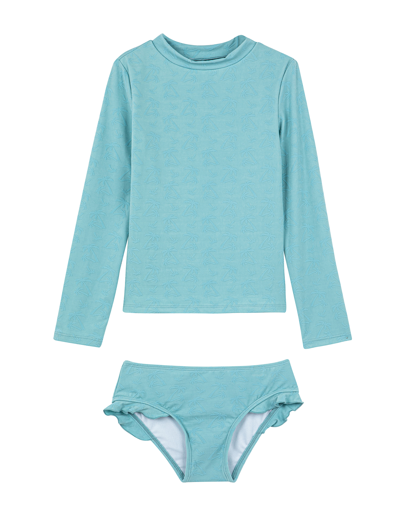 Front View Of Palm Party Textured Long Sleeve Rash Guard Set | palm-party-green
