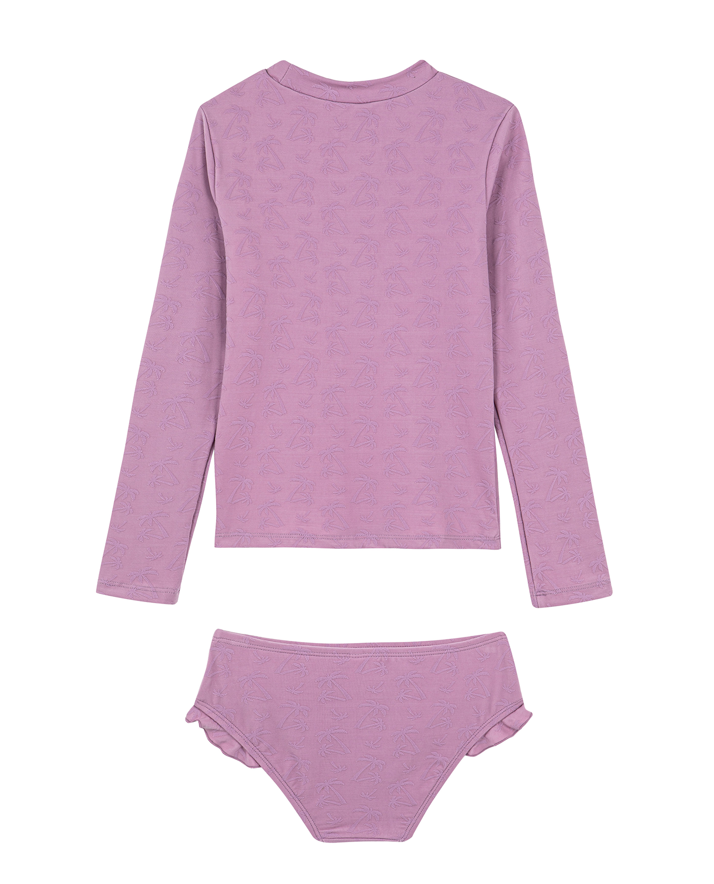 Front View Of Palm Party Textured Long Sleeve Rash Guard Set | palm-party-pink