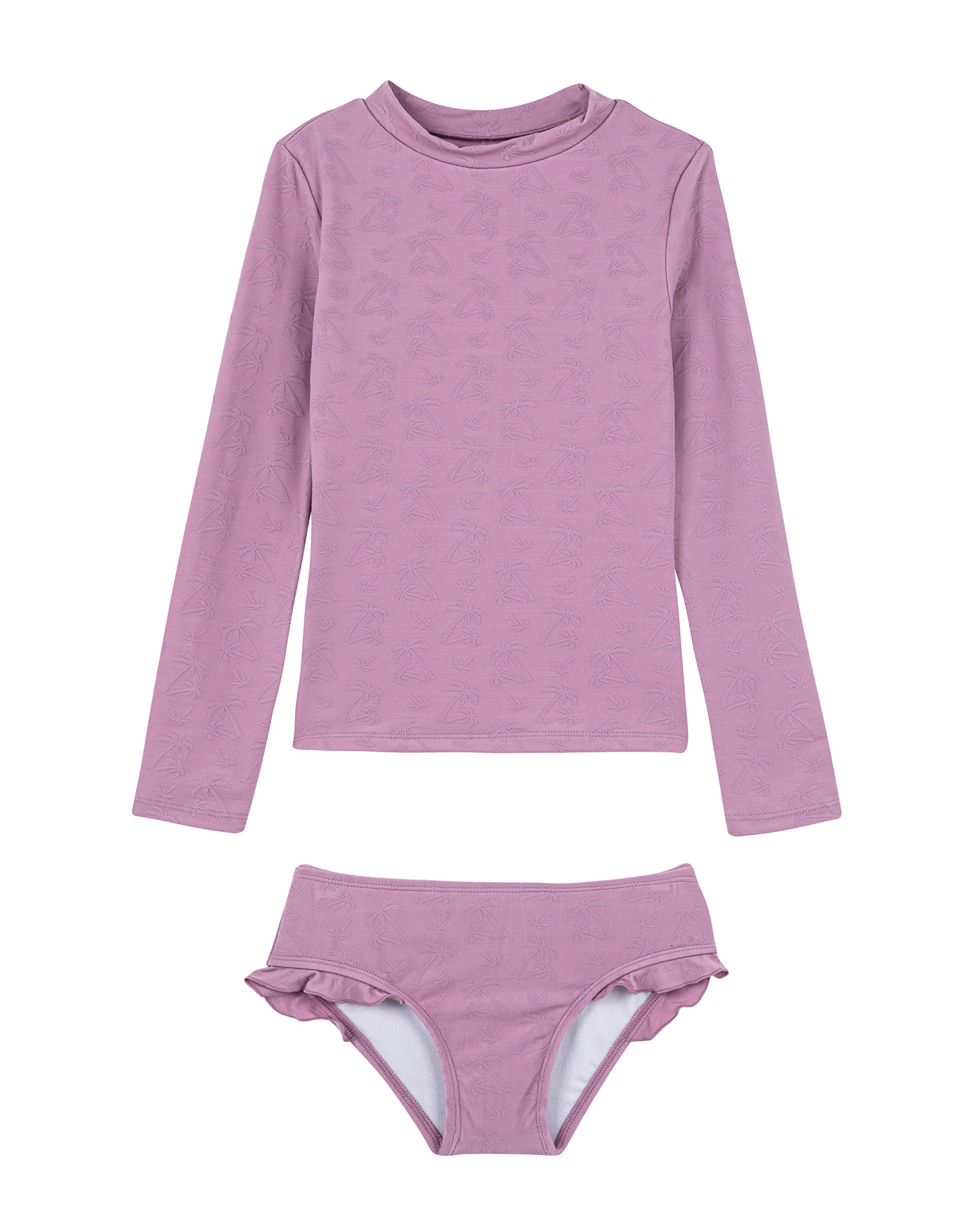 Front View Of Palm Party Textured Long Sleeve Rash Guard Set | palm-party-pink