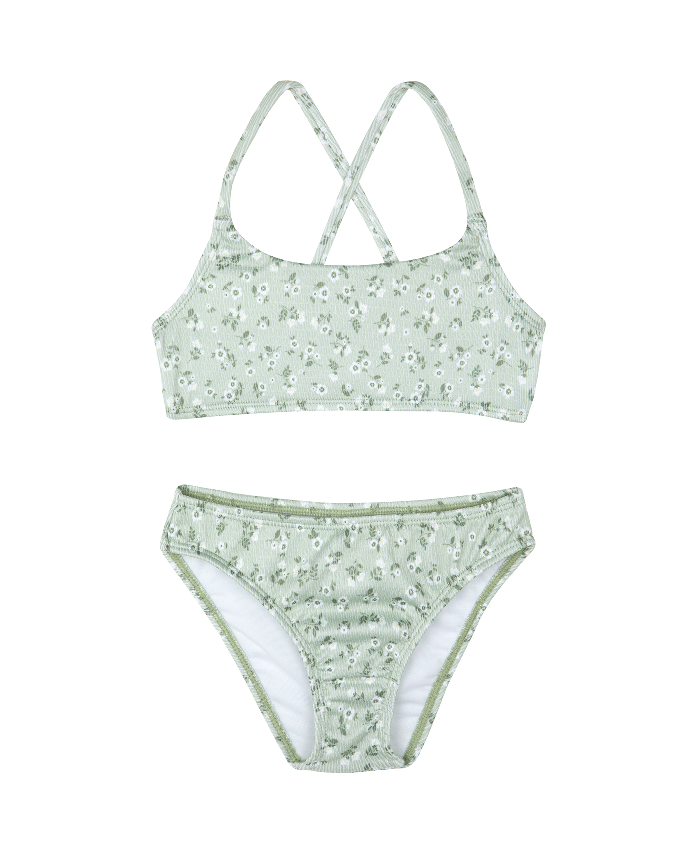 Front View Of Ditsy Dream Textured Criss Cross Strap Swim Set | green