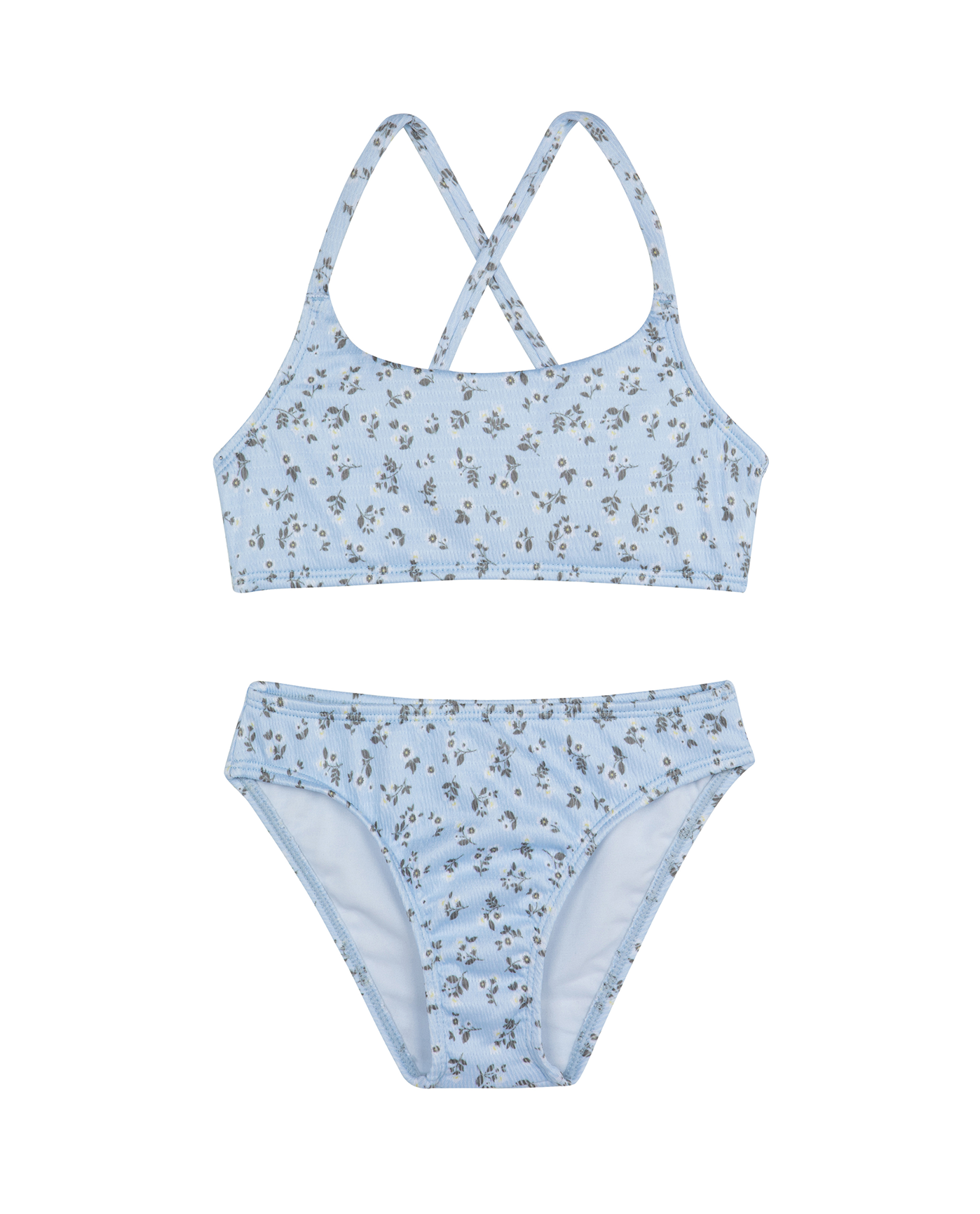 Front View Of Ditsy Dream Textured Criss Cross Strap Swim Set | light-blue