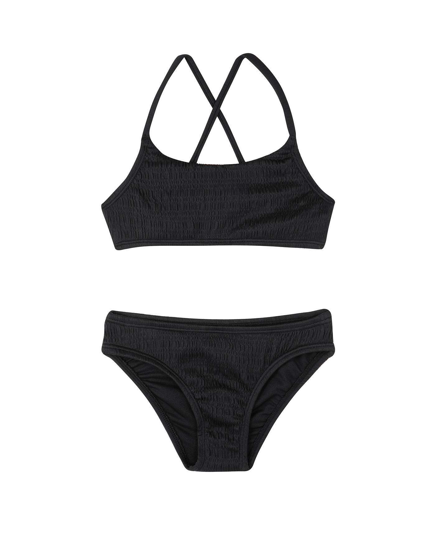 Front View Of Beach Day Textured Criss Cross Strap Swim Set | beach-black