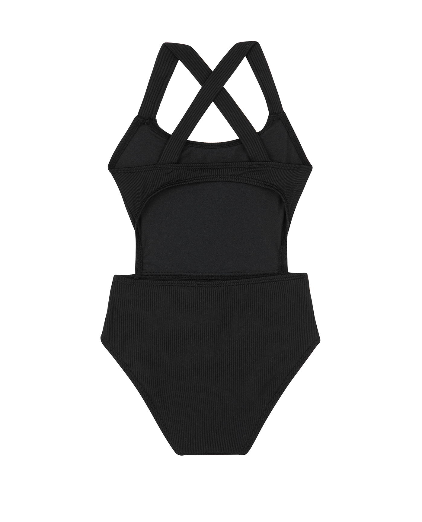 Back View Of Summer Rib Textured Cut Out Cross Strap One Piece | summer-black