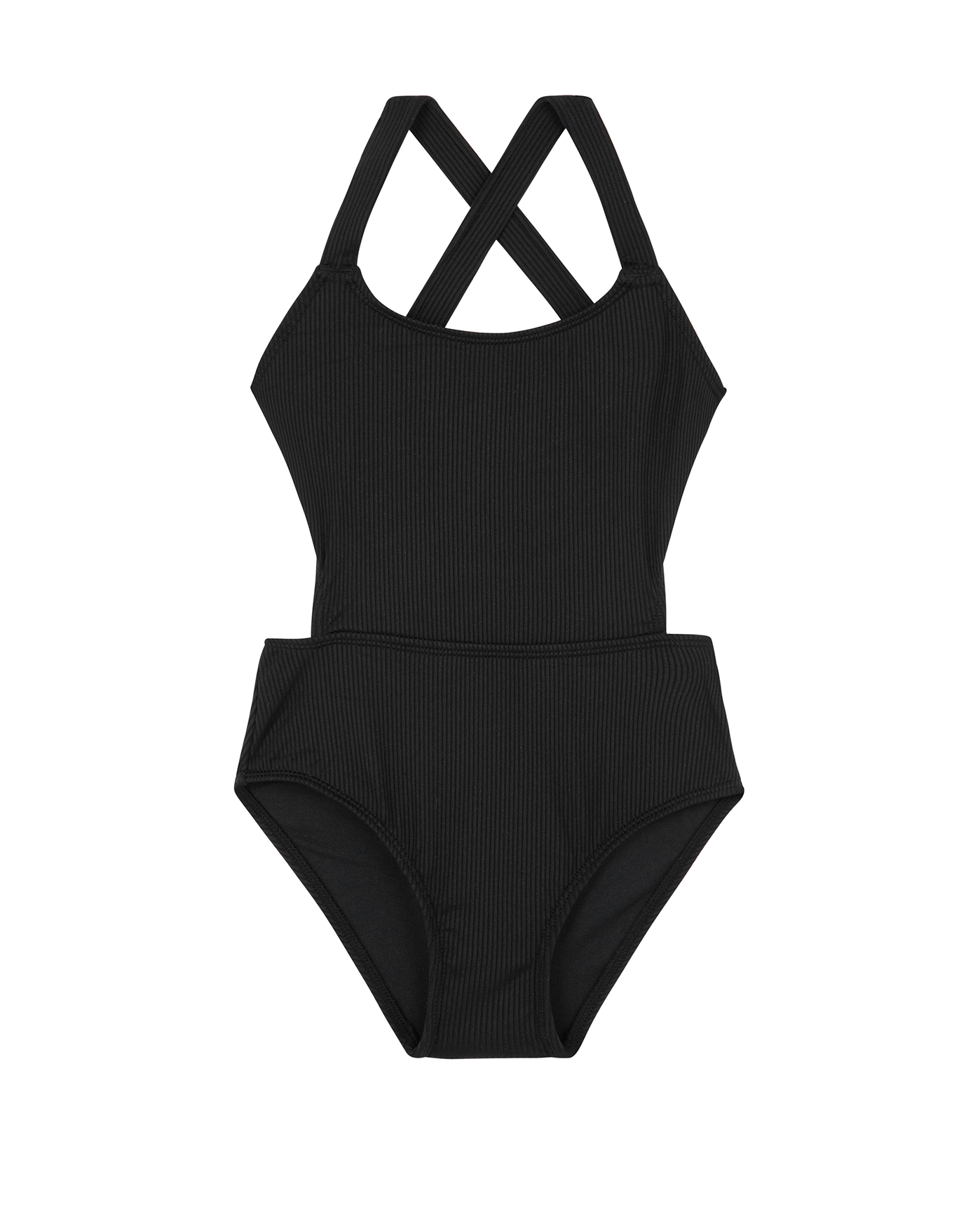 Front View Of Summer Rib Textured Cut Out Cross Strap One Piece | summer-black