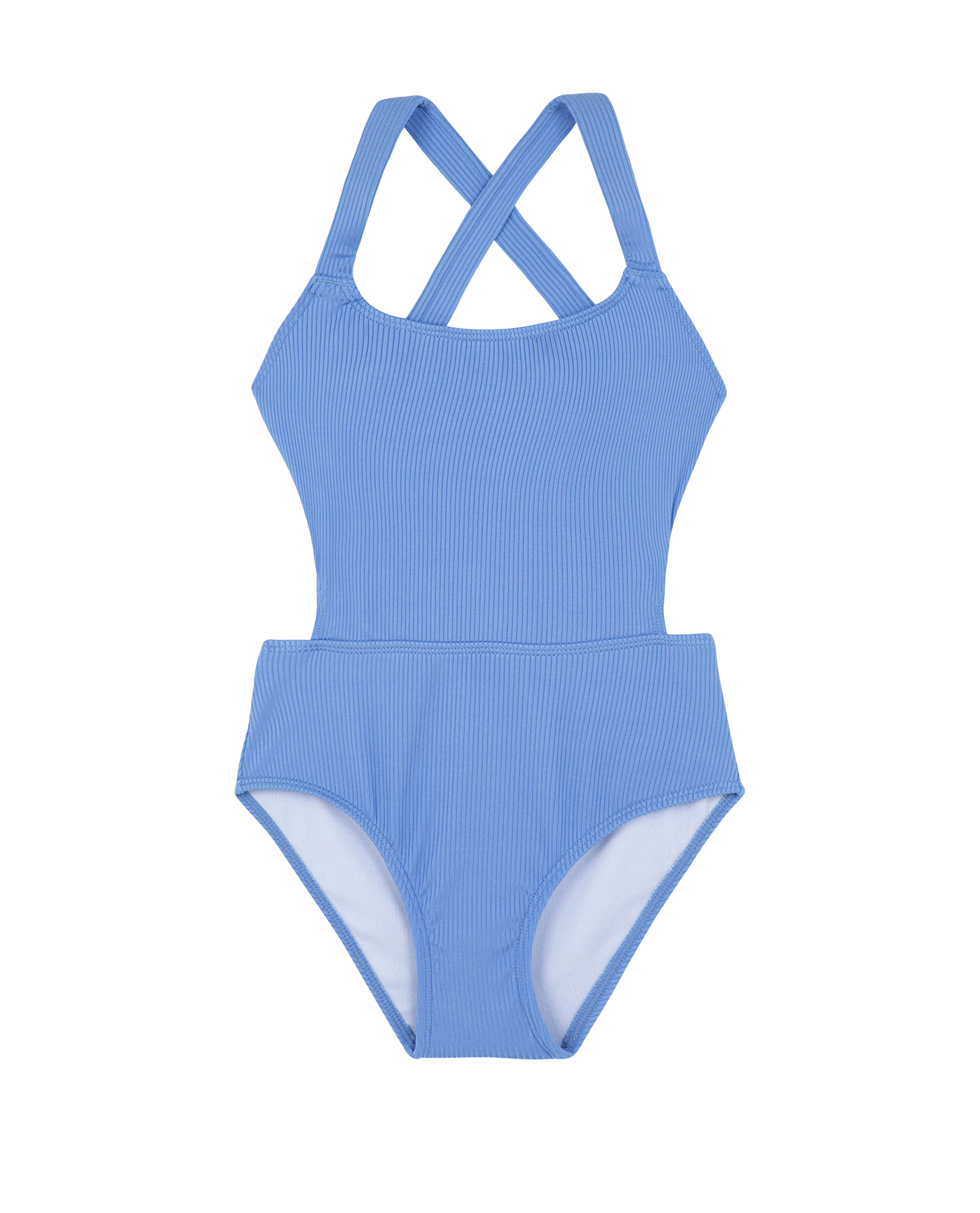 Front View Of Summer Rib Textured Cut Out Cross Strap One Piece | blue