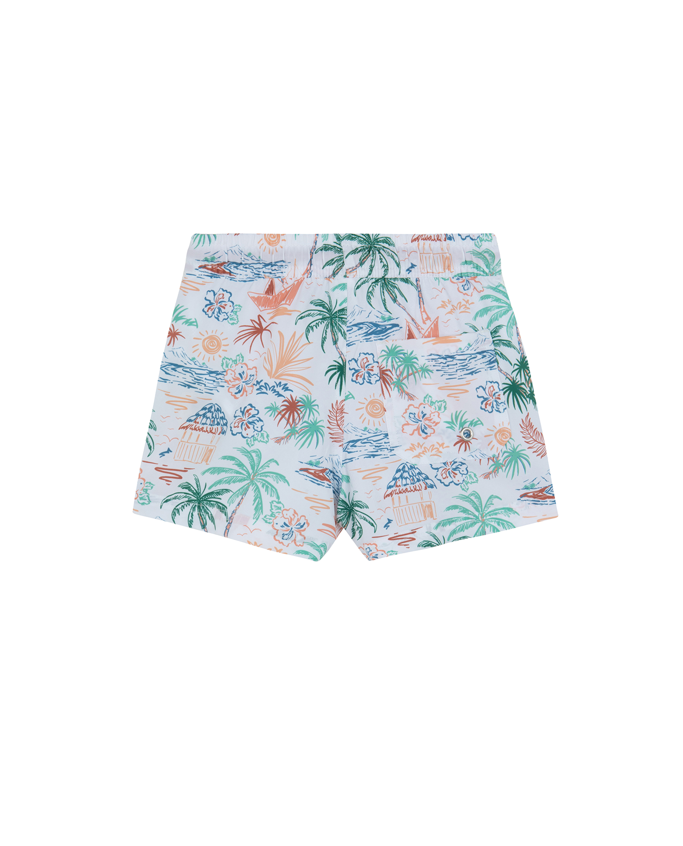 Back View Of Boys 2 Match Drawstring Swim Shorts | white-multi
