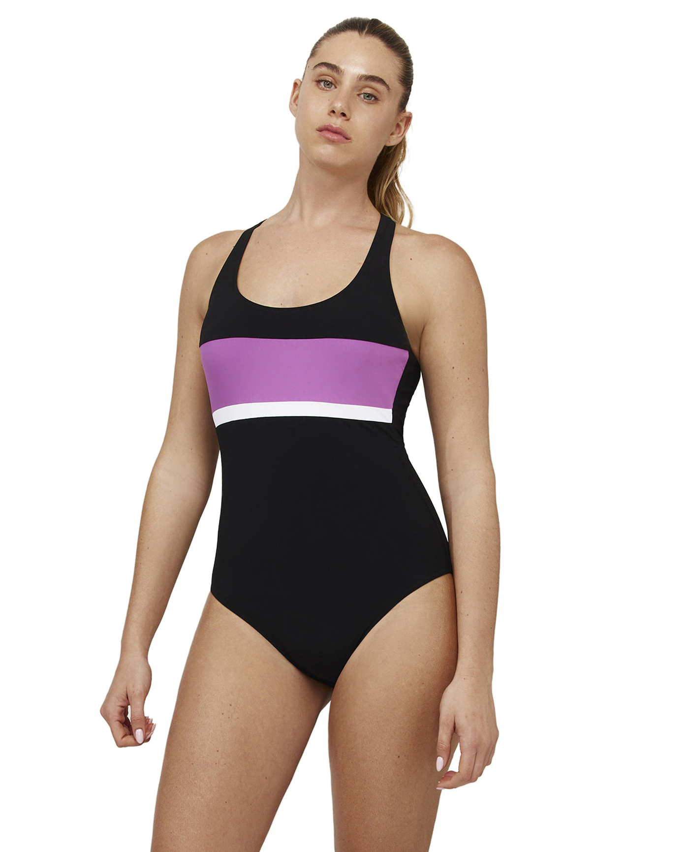 Front View Of Aqua Chic Scoop Neck One Piece | aqua-purple