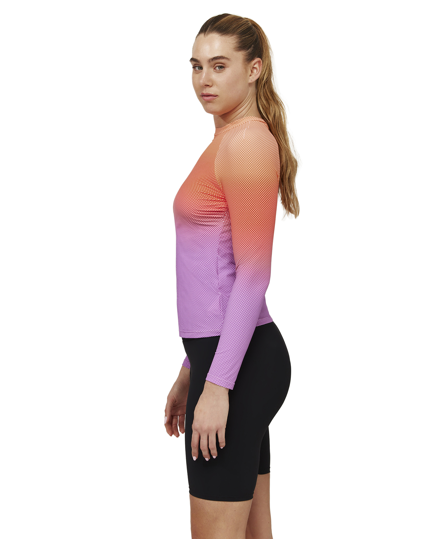Side View Of Nixi Long Sleeve Rash Guard Swim Top | multi-orange