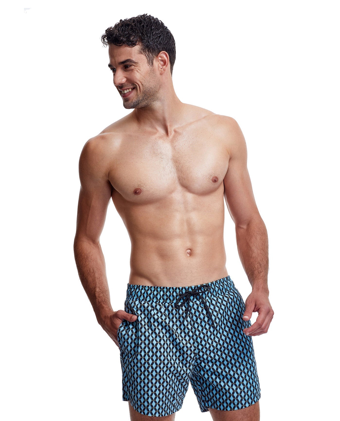 Front View Of Gottex Men 5-Inch Swim Trunks | GOTTEX MEN ABSTRACT LIGHT BLUE