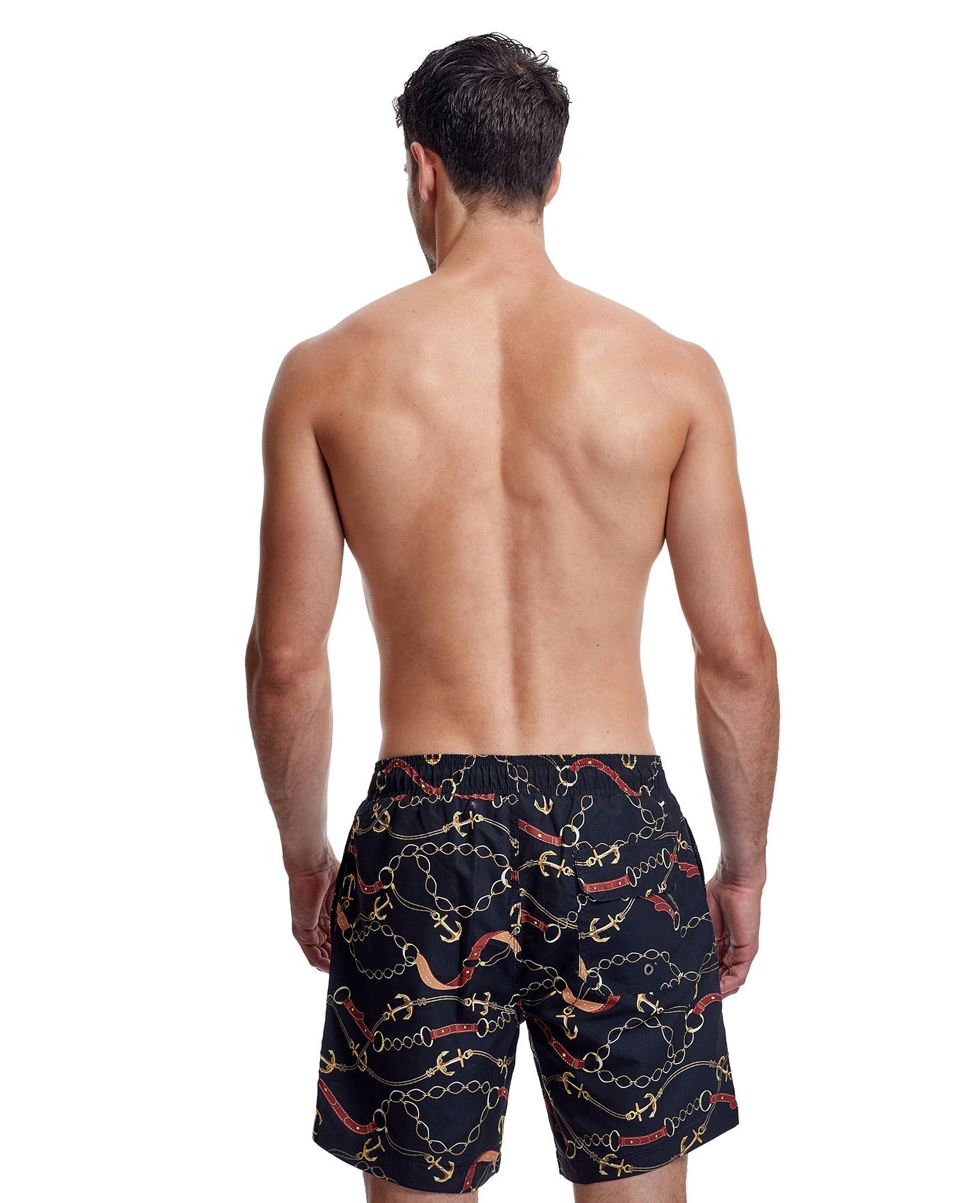Back View Of Gottex Men 7-Inch Swim Trunks | GOTTEX MEN GOLD TONES BLACK AND BROWN