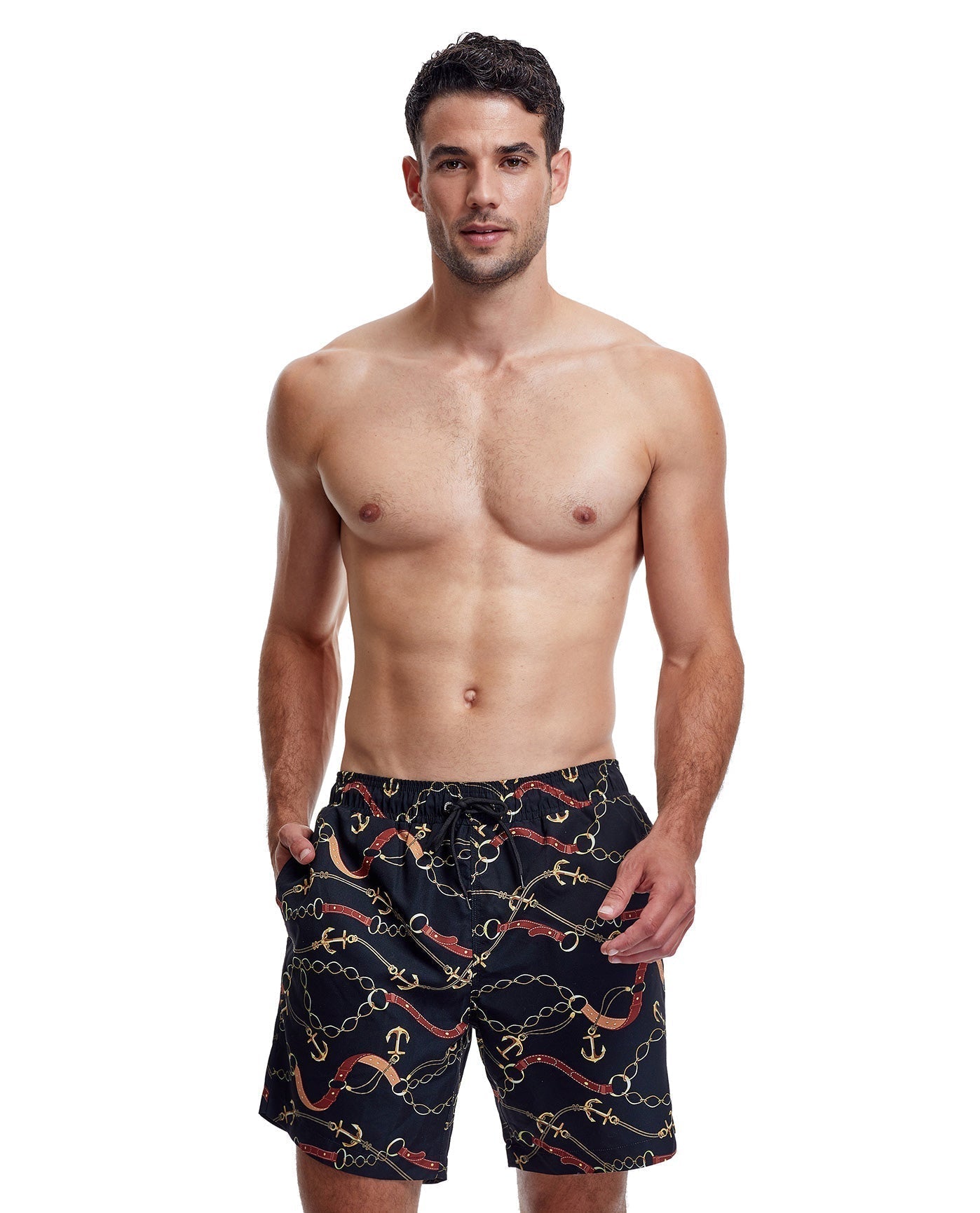 Front View Of Gottex Men 7-Inch Swim Trunks | GOTTEX MEN GOLD TONES BLACK AND BROWN