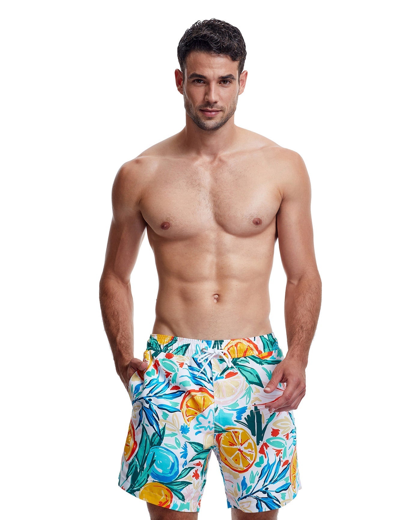Front View Of Gottex Men 7-Inch Swim Trunks | GOTTEX MEN TROPICAL WHITE