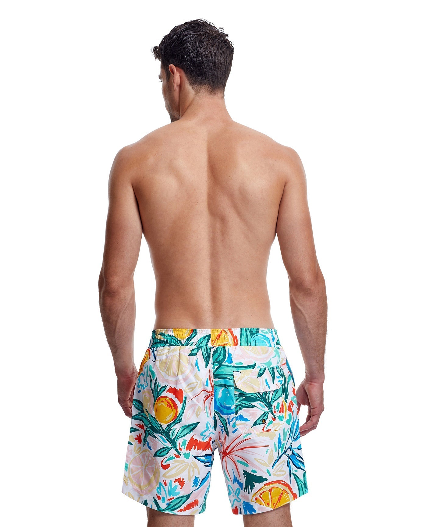Back View Of Gottex Men 7-Inch Swim Trunks | GOTTEX MEN TROPICAL WHITE