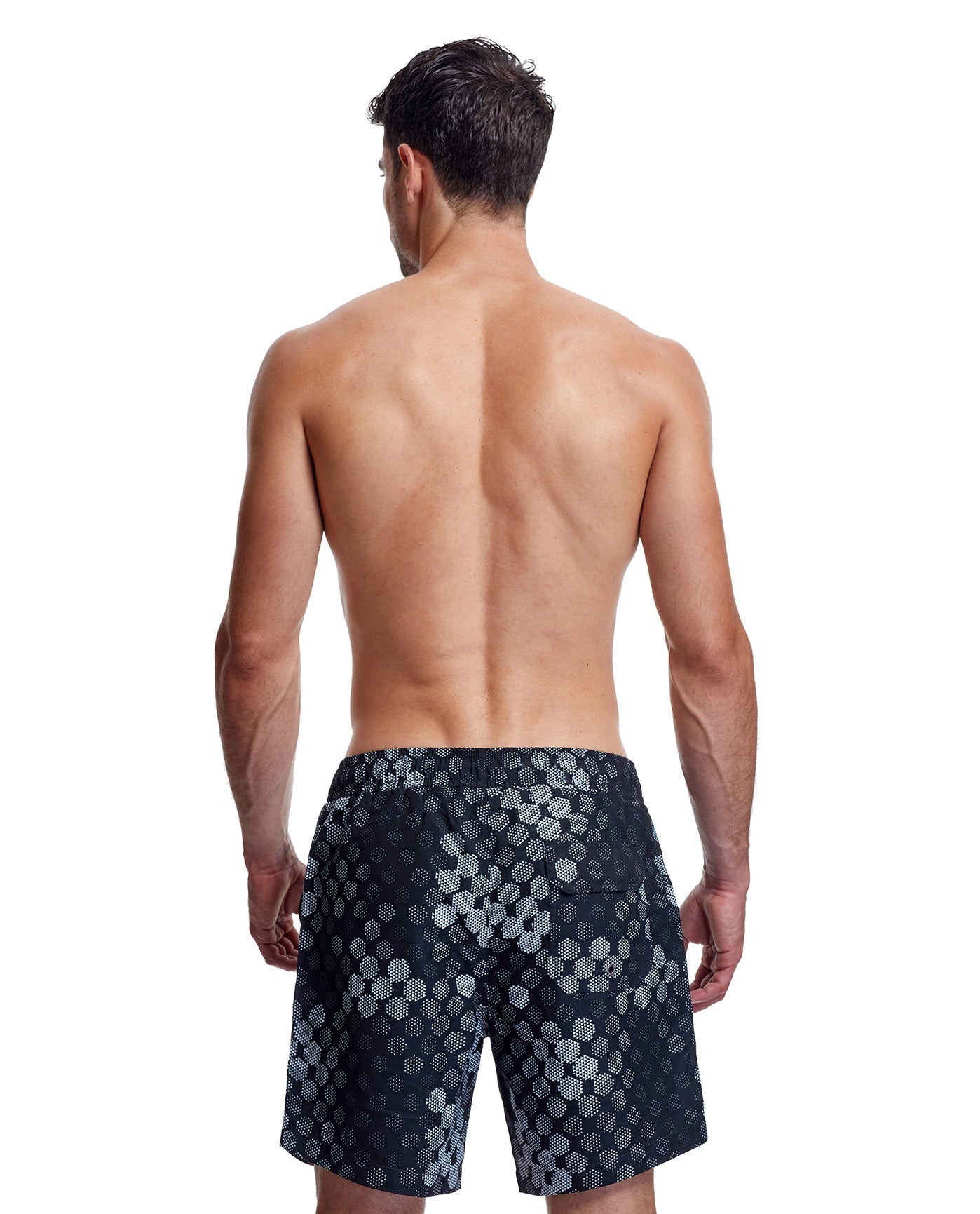 Back View Of Gottex Men 7-Inch Swim Trunks | GOTTEX MEN ABSTRACT BLACK AND WHITE