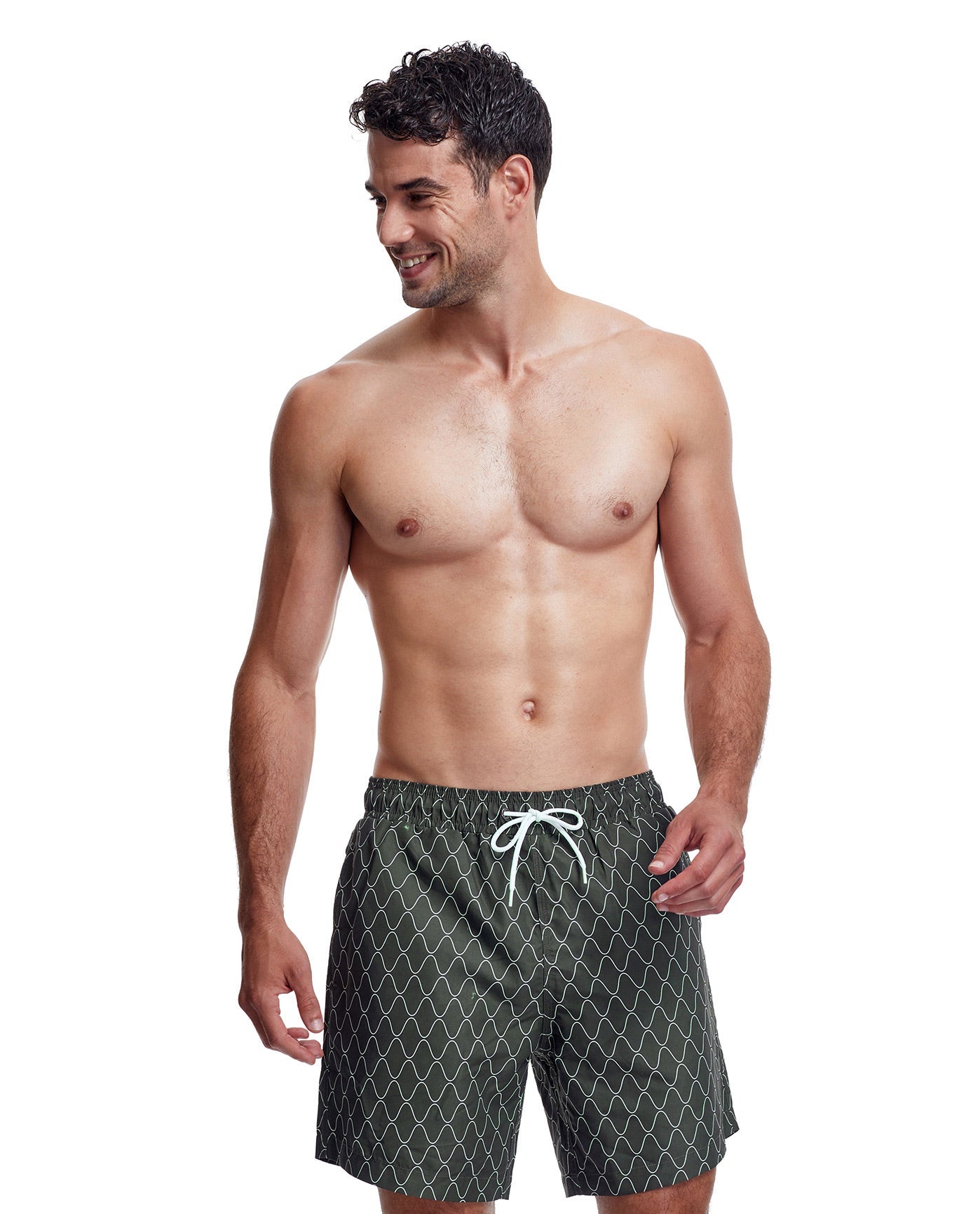 Front View Of Gottex Men 7-Inch Swim Trunks | GOTTEX MEN WAVE KHAKI AND WHITE