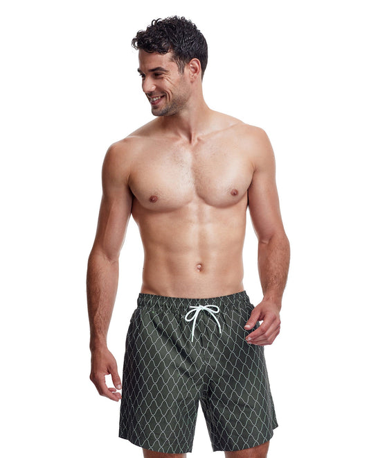 Front View Of Gottex Men 7-Inch Swim Trunks | GOTTEX MEN WAVE KHAKI AND WHITE