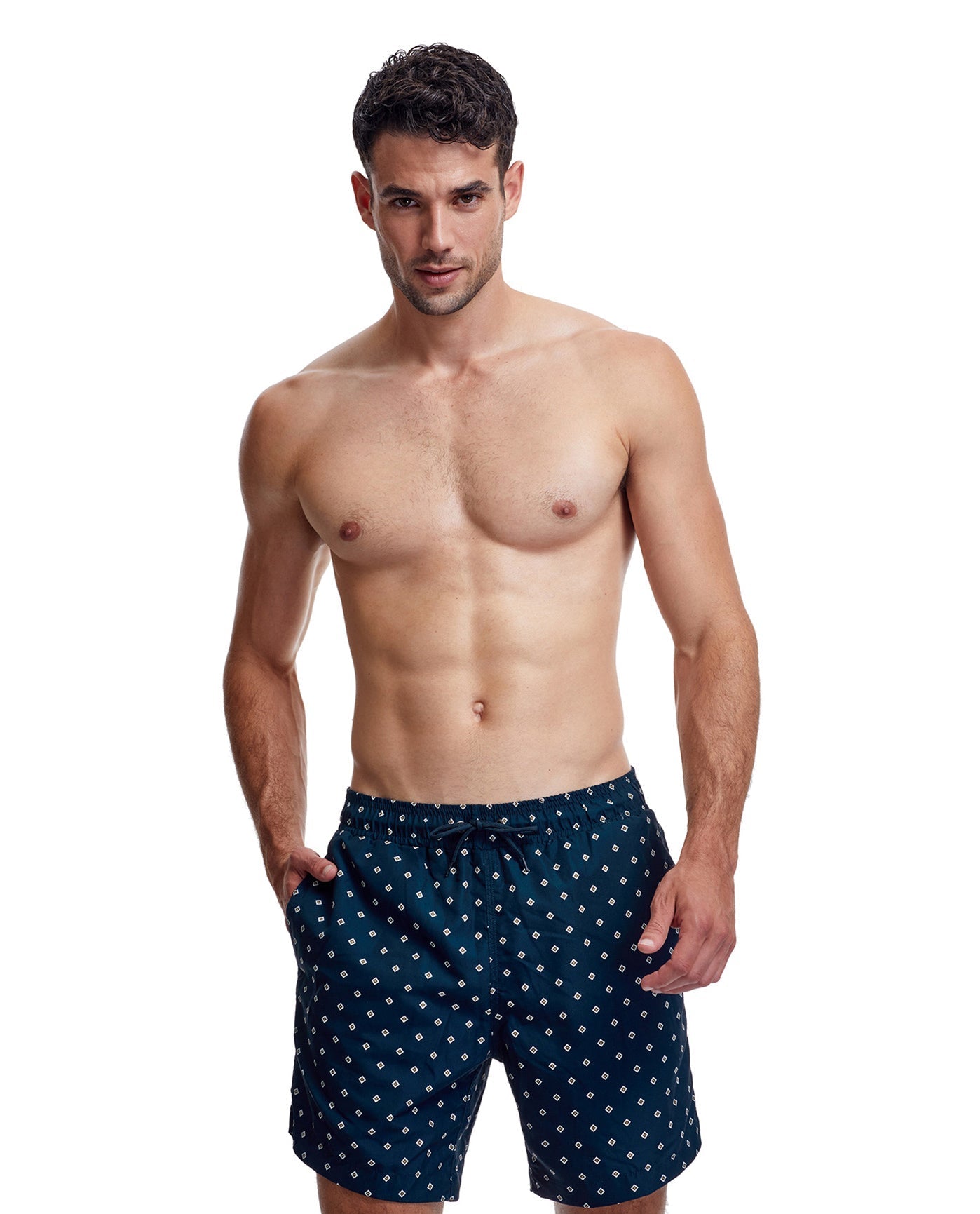 Front View Of Gottex Men 7-Inch Swim Trunks | GOTTEX MEN NAUTICAL NAVY AND KHAKI