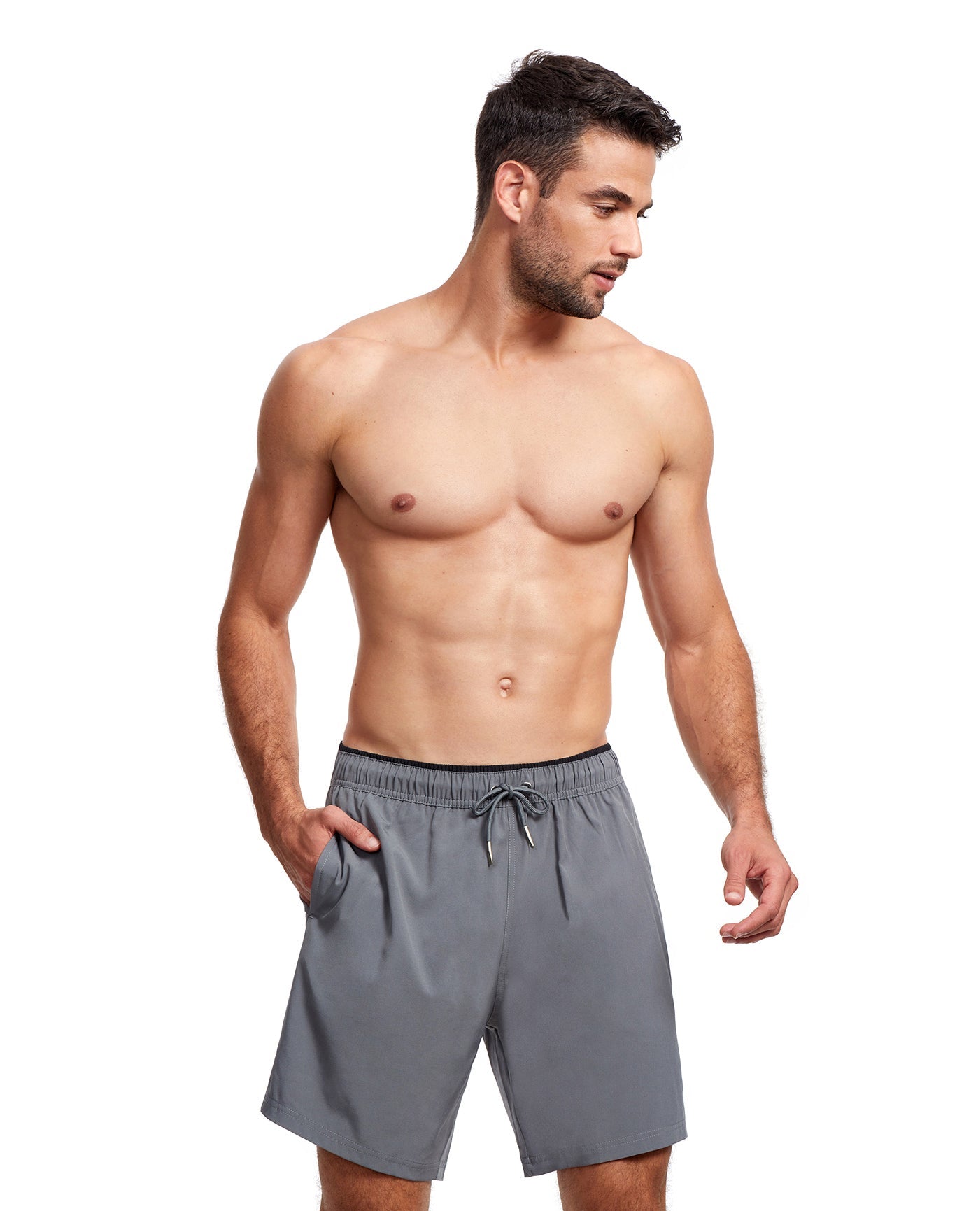 Front View Of Gottex Men 7-Inch Swim Trunks | GOTTEX MEN GREY AND BLACK ACCENT