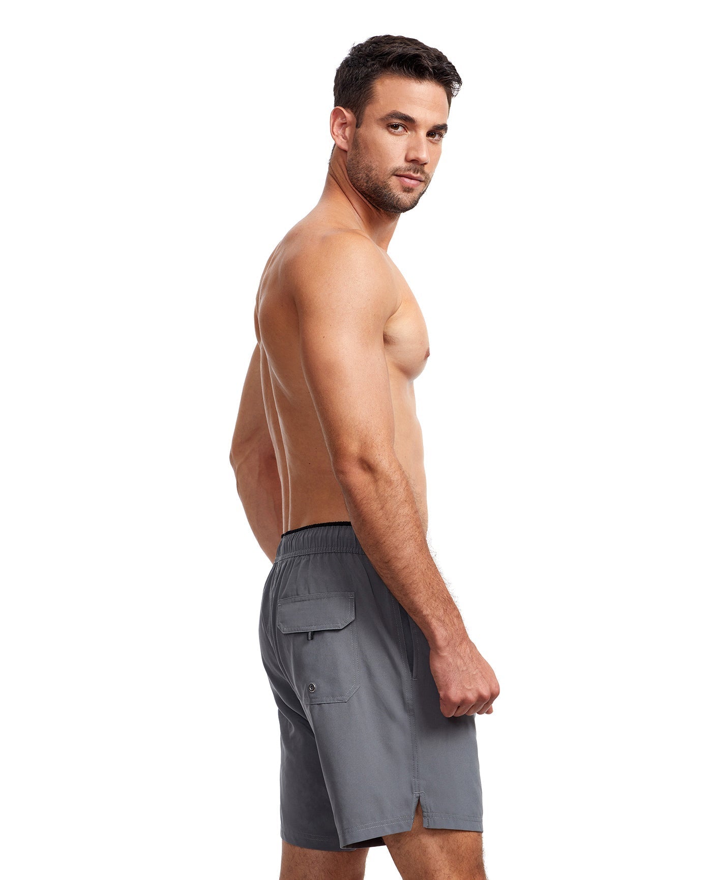 Back View Of Gottex Men 7-Inch Swim Trunks | GOTTEX MEN GREY AND BLACK ACCENT