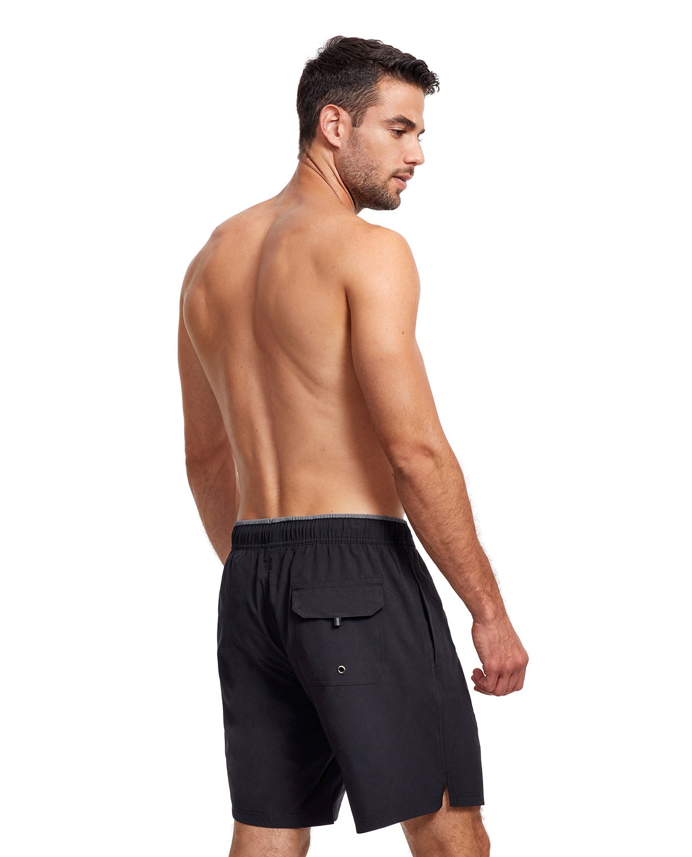 Back View Of Gottex Men 7-Inch Swim Trunks | GOTTEX MEN BLACK AND GREY ACCENT