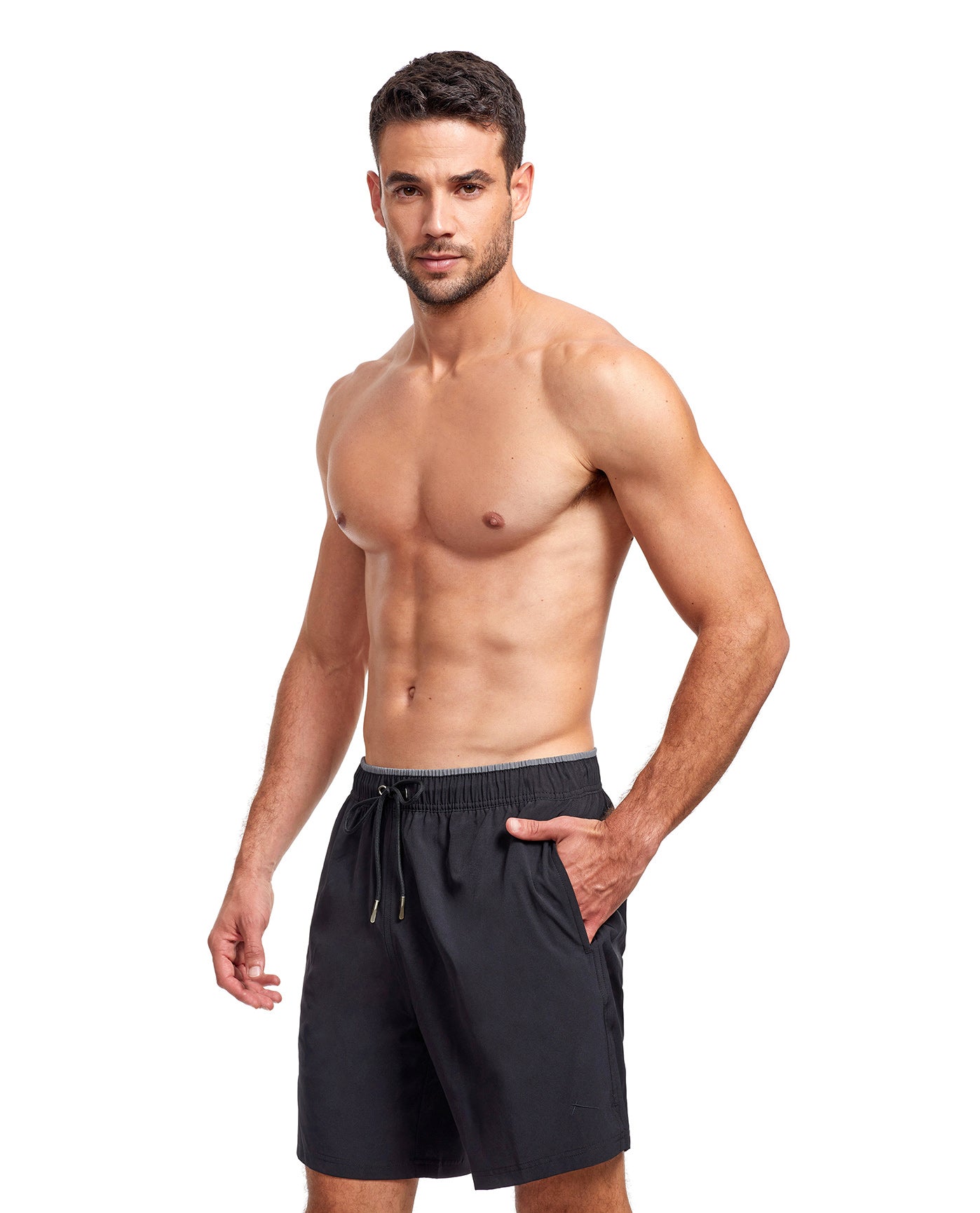 Side View View Of Gottex Men 7-Inch Swim Trunks | GOTTEX MEN BLACK AND GREY ACCENT