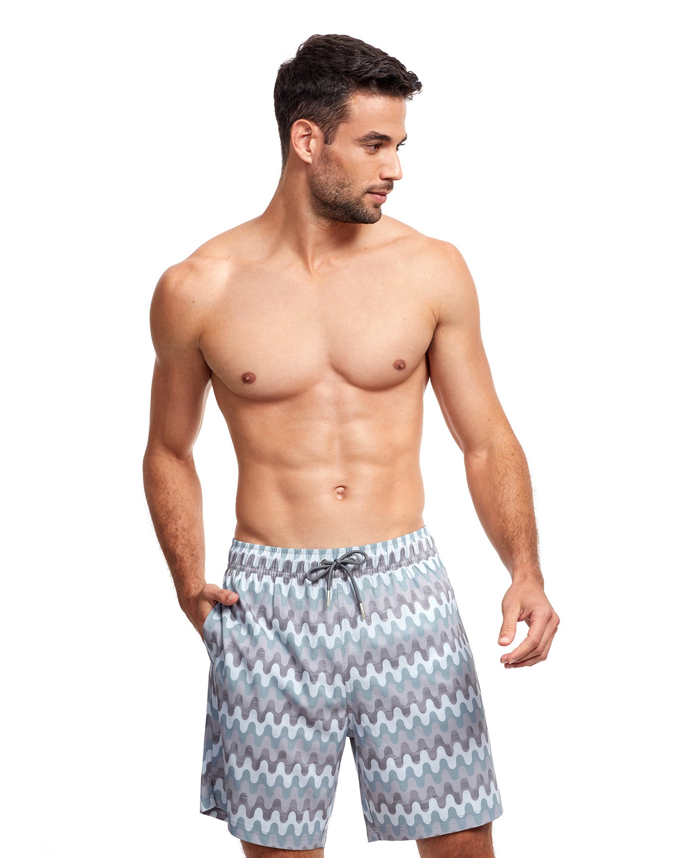 Front View Of Gottex Men 7-Inch Swim Trunks | GOTTEX MEN GREY WAVE