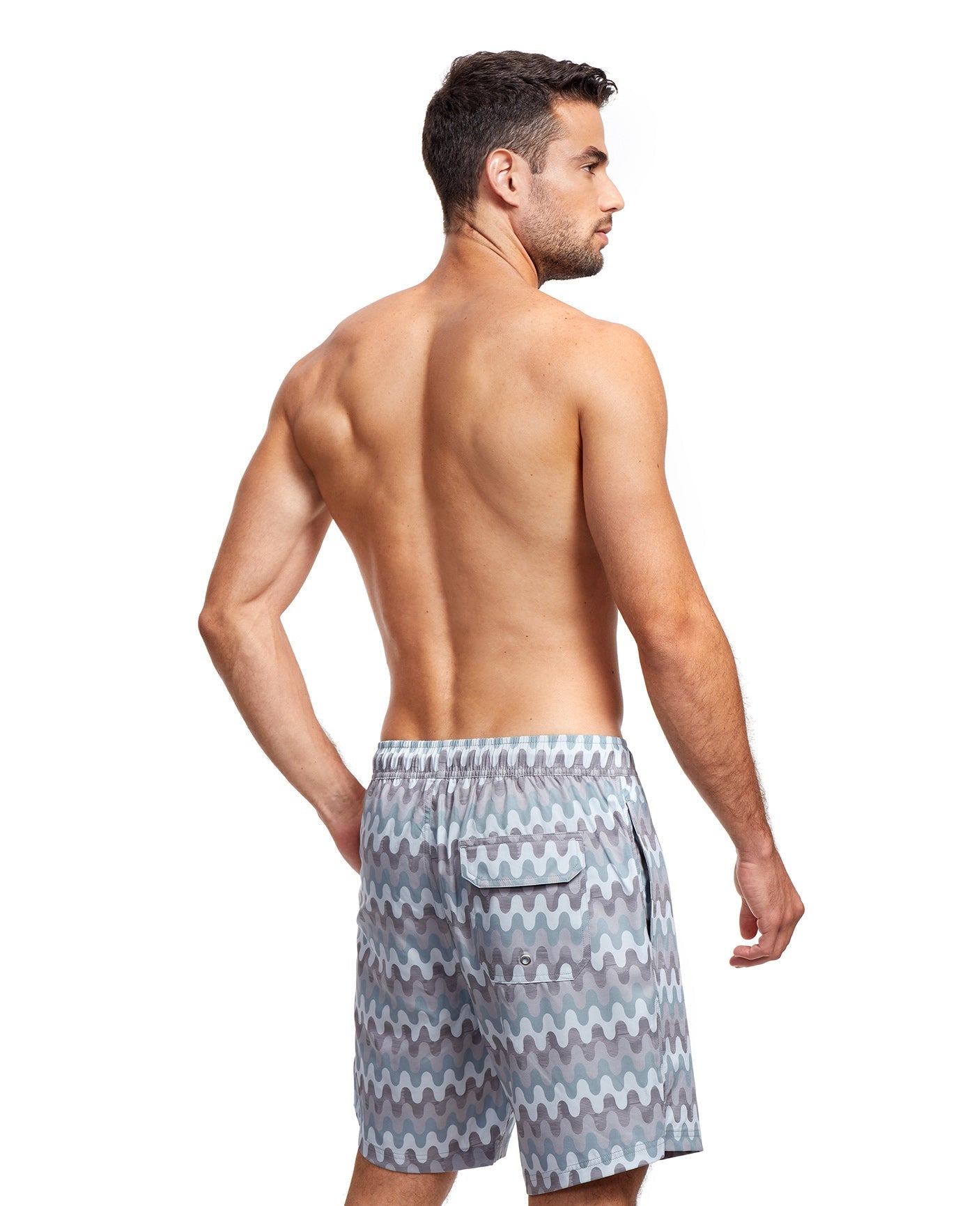 Back View Of Gottex Men 7-Inch Swim Trunks | GOTTEX MEN GREY WAVE