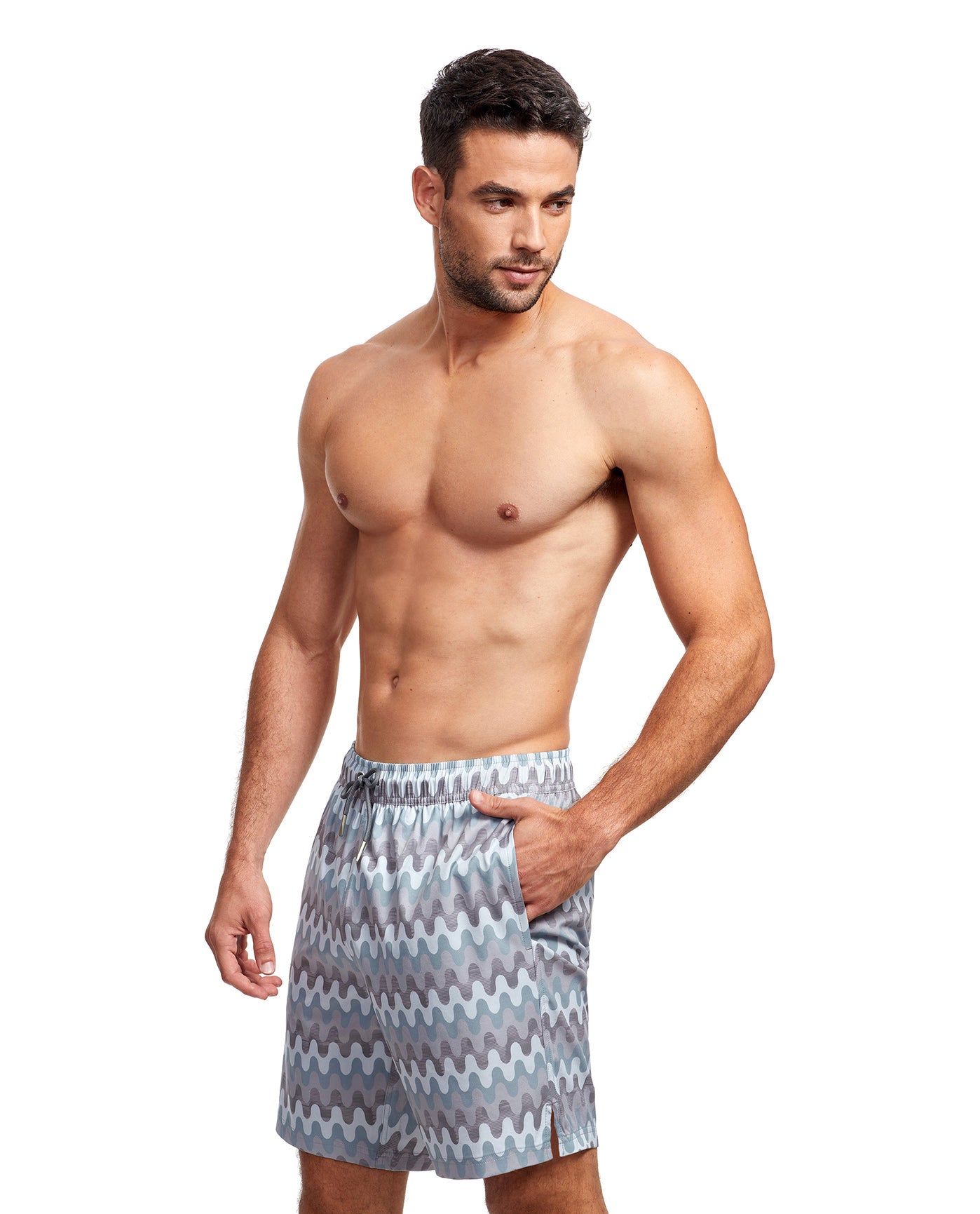 Side View View Of Gottex Men 7-Inch Swim Trunks | GOTTEX MEN GREY WAVE