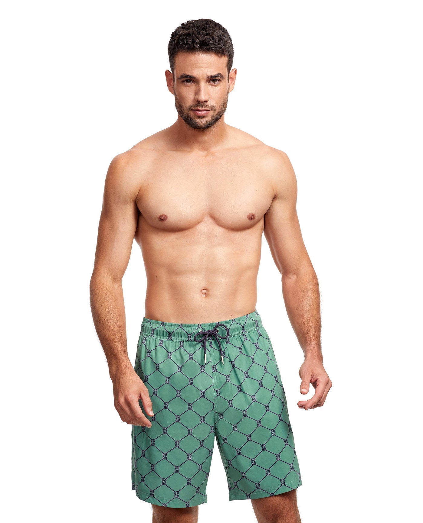 Front View Of Gottex Men 7-Inch Swim Trunks | GOTTEX MEN GREEN AND NAVY DIAMOND