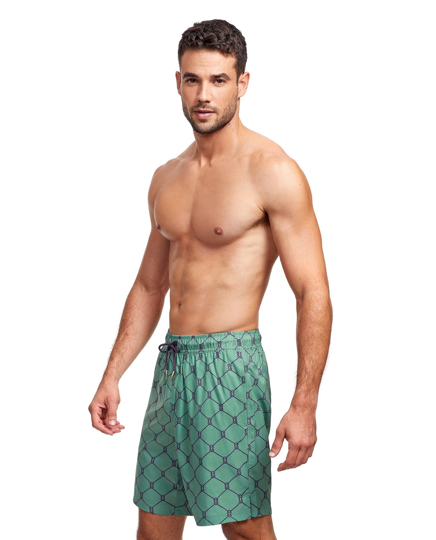 Side View View Of Gottex Men 7-Inch Swim Trunks | GOTTEX MEN GREEN AND NAVY DIAMOND