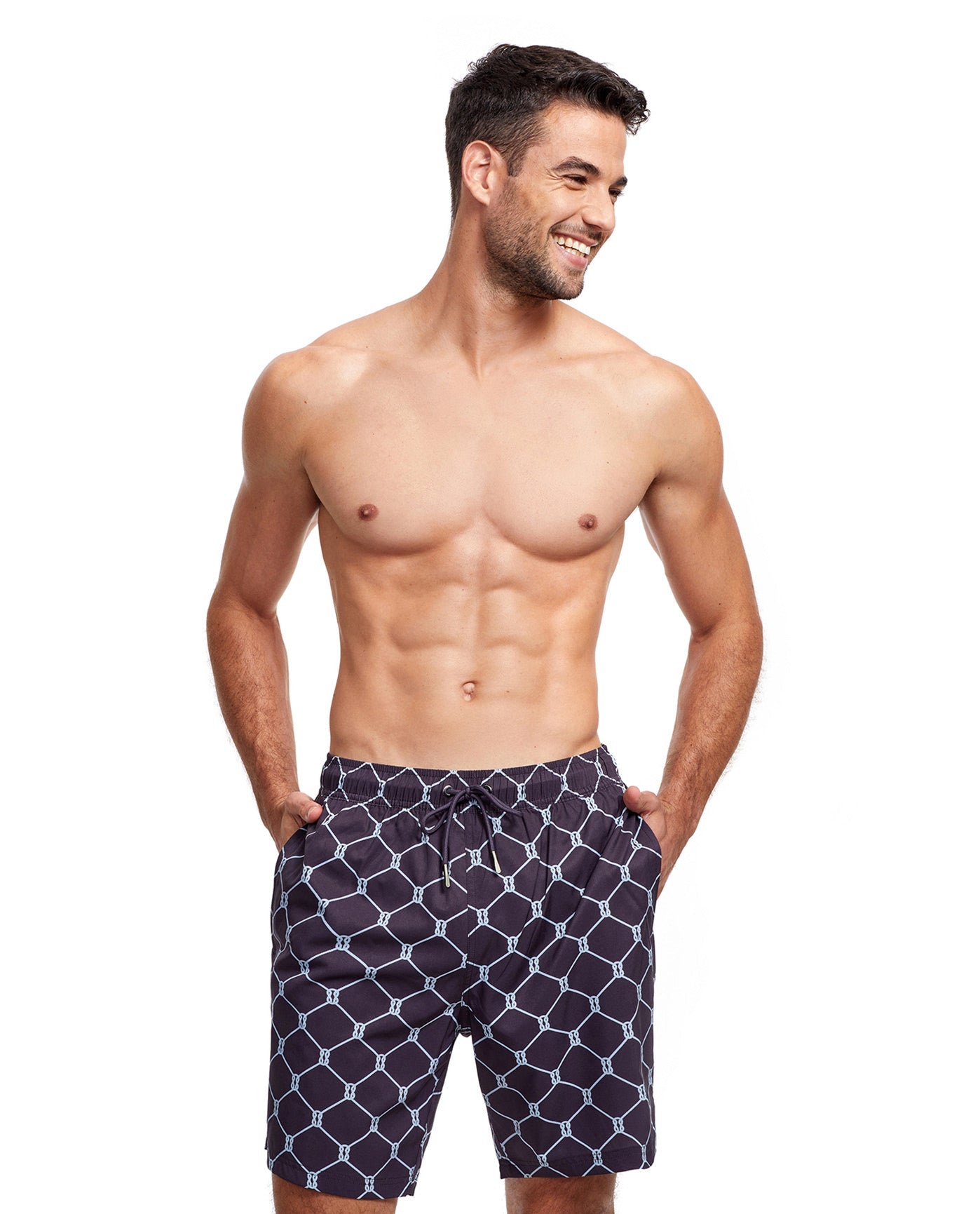 Front View Of Gottex Men 7-Inch Swim Trunks | GOTTEX MEN NAVY AND LIGHT BLUE DIAMOND