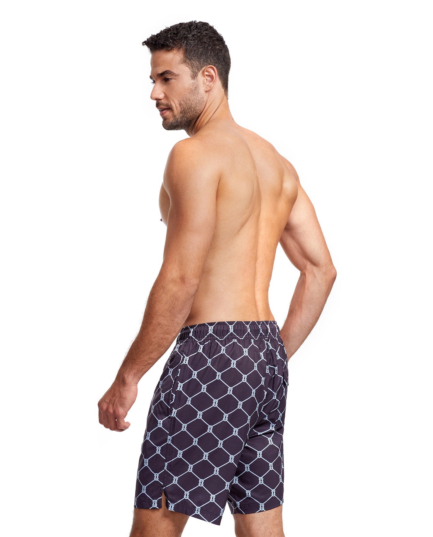 Back View Of Gottex Men 7-Inch Swim Trunks | GOTTEX MEN NAVY AND LIGHT BLUE DIAMOND