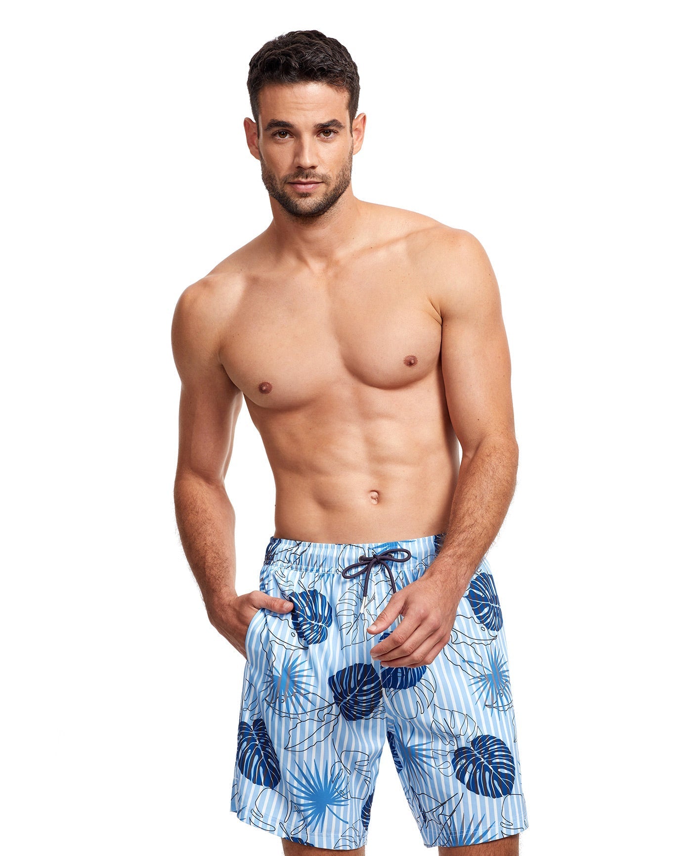 Front View Of Gottex Men 7-Inch Swim Trunks | GOTTEX MEN BLUE TROPICAL STRIPE