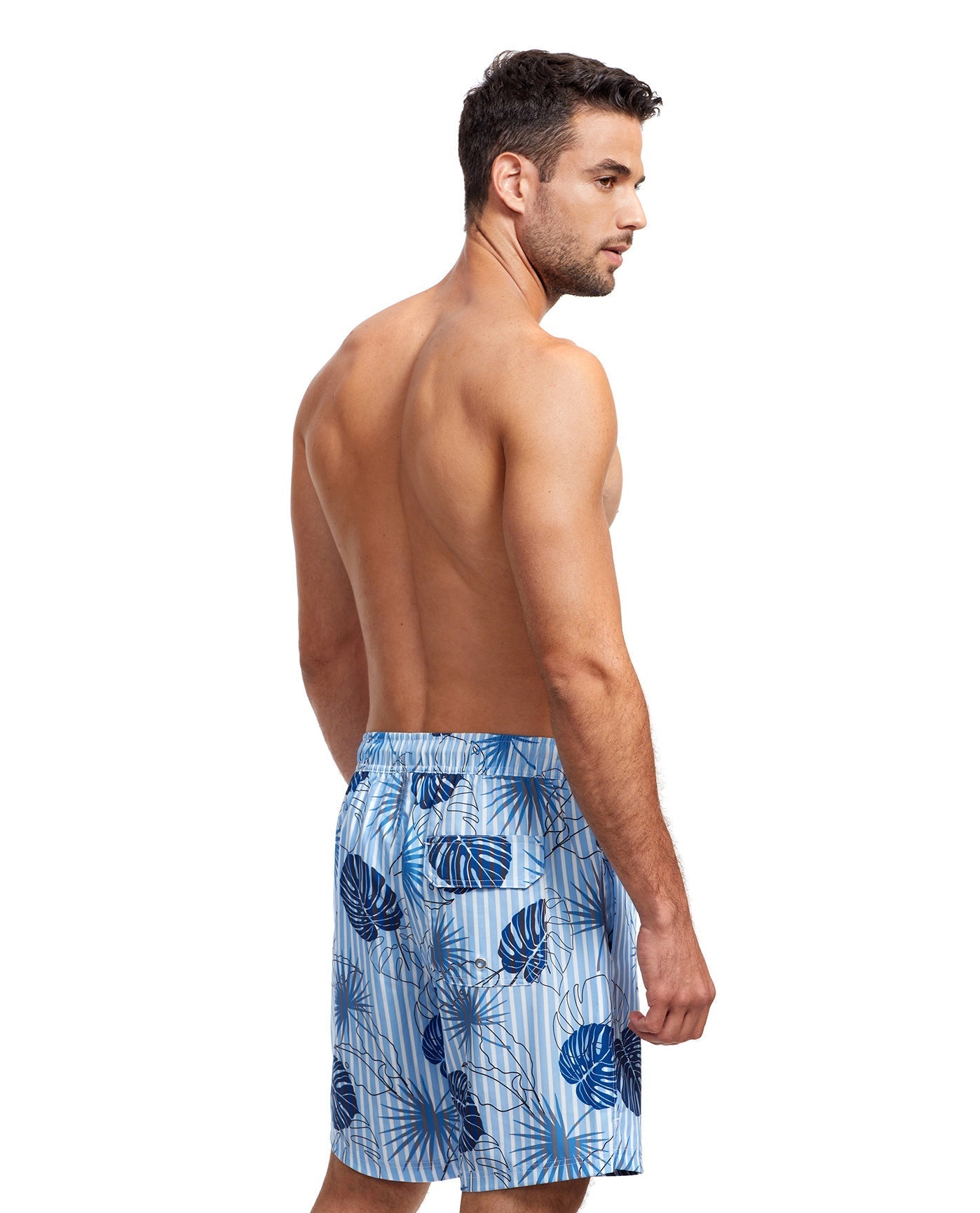 Back View Of Gottex Men 7-Inch Swim Trunks | GOTTEX MEN BLUE TROPICAL STRIPE