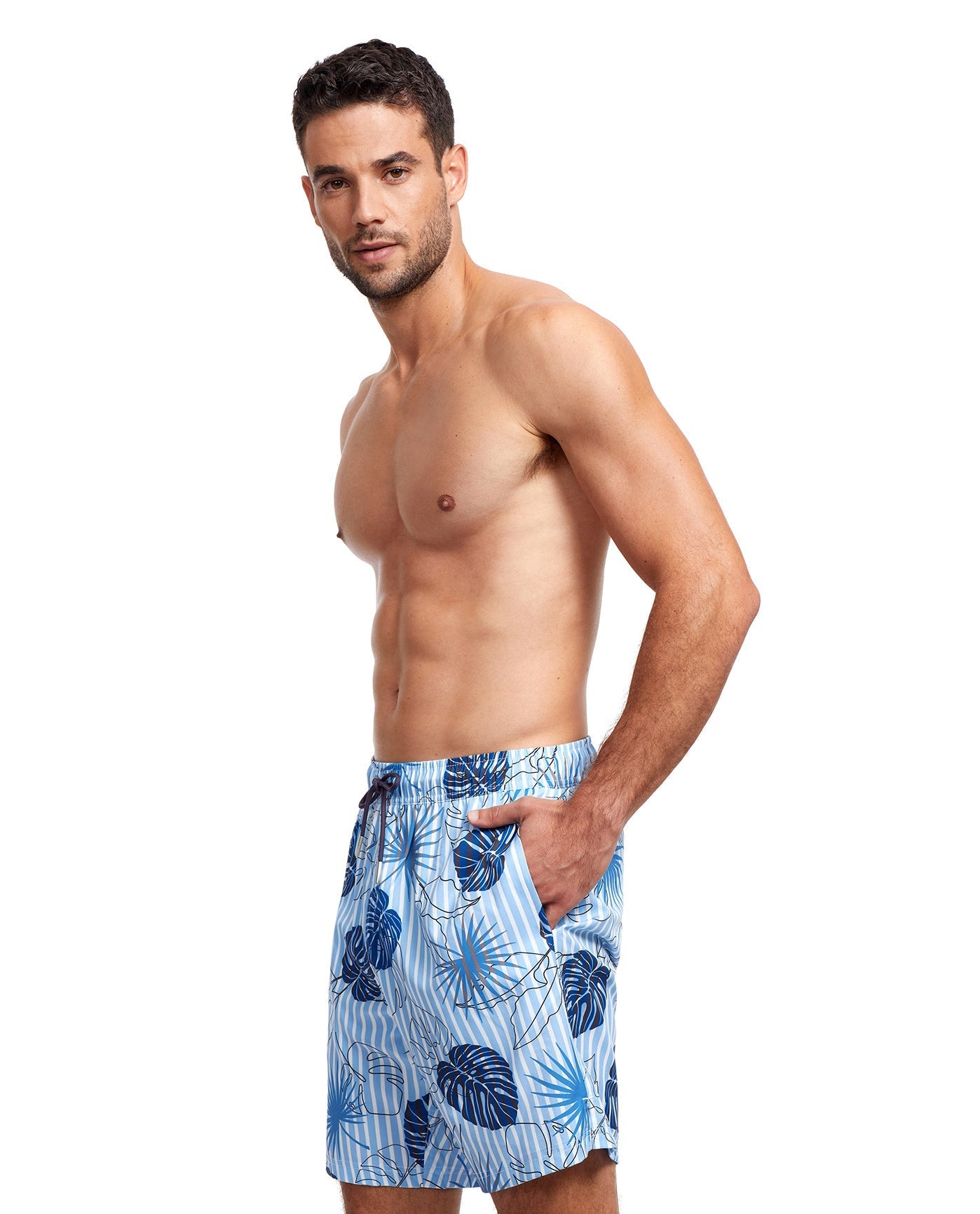 Side View View Of Gottex Men 7-Inch Swim Trunks | GOTTEX MEN BLUE TROPICAL STRIPE
