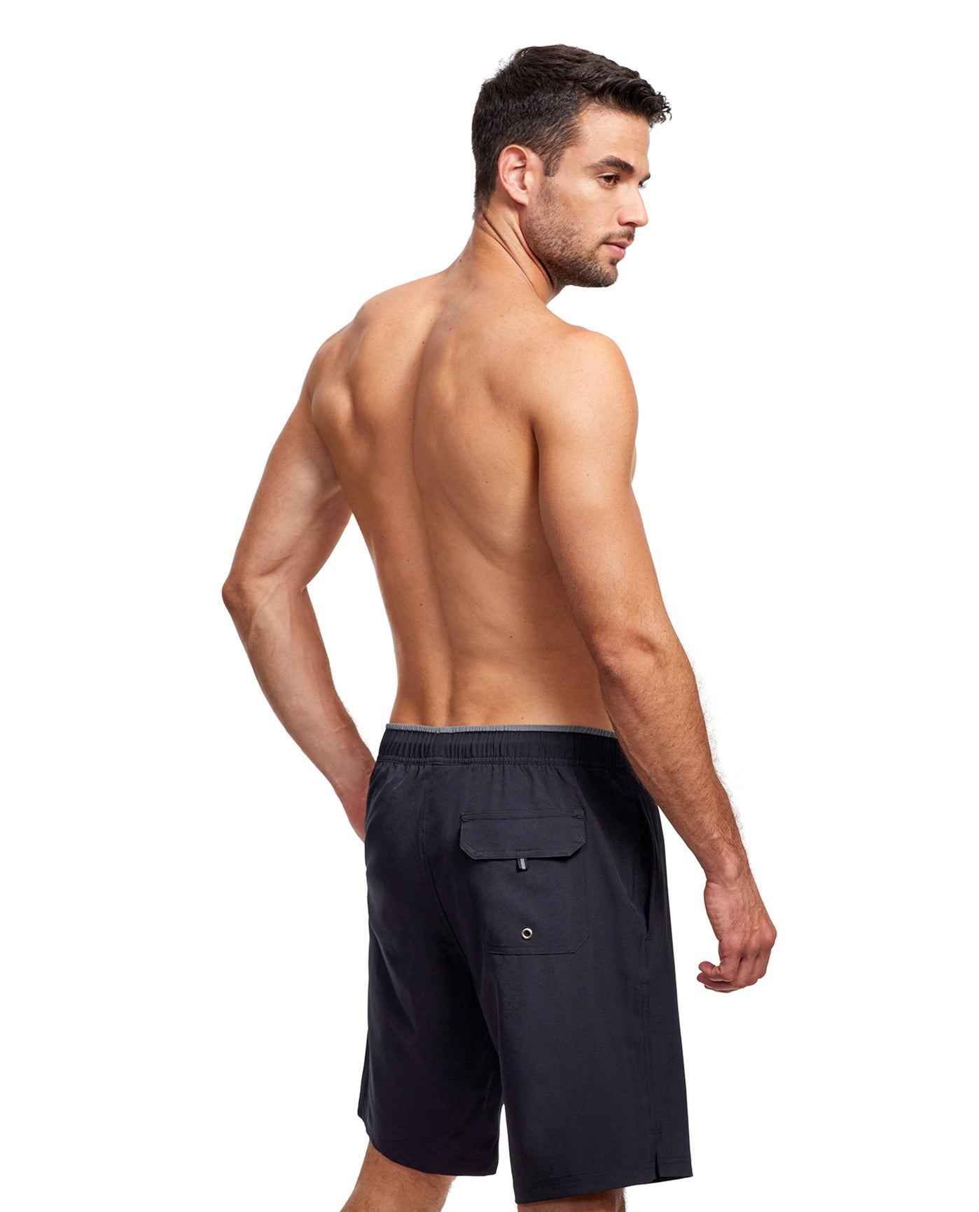 Back View Of Gottex Men 9-Inch Swim Trunks | GOTTEX MEN BLACK AND GREY ACCENT