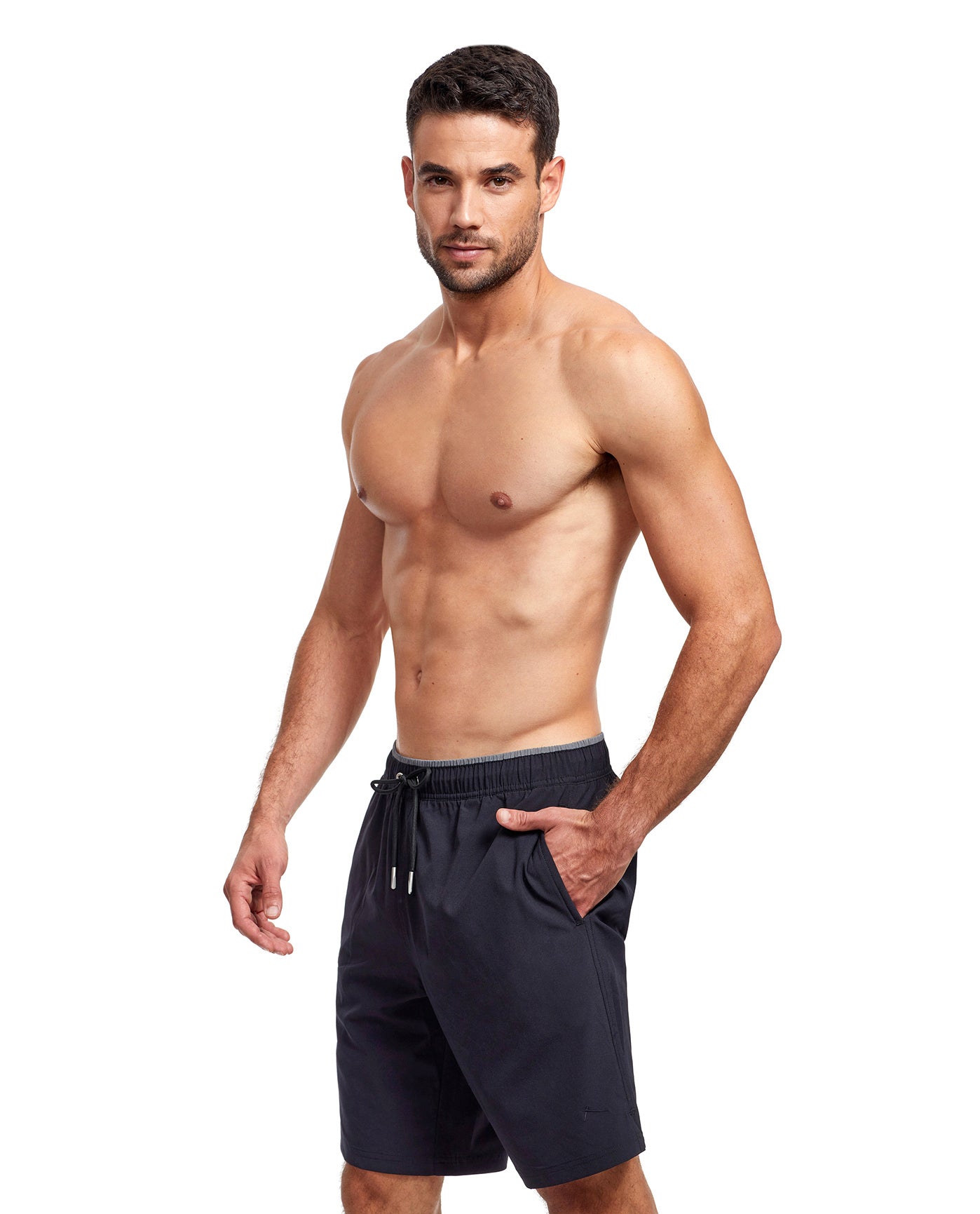 Side View View Of Gottex Men 9-Inch Swim Trunks | GOTTEX MEN BLACK AND GREY ACCENT
