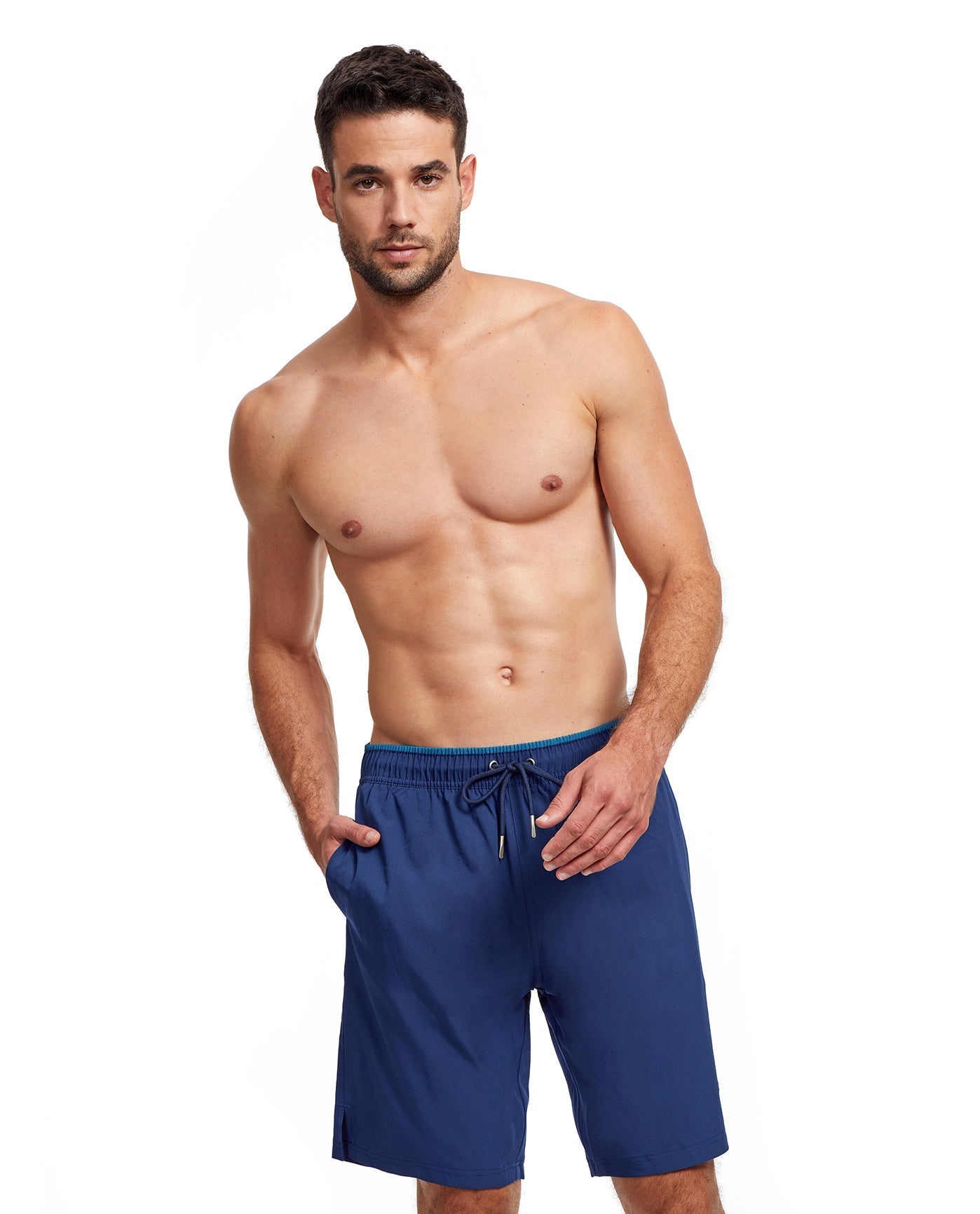 Front View Of Gottex Men 9-Inch Swim Trunks | GOTTEX MEN NAVY AND PETROL ACCENT