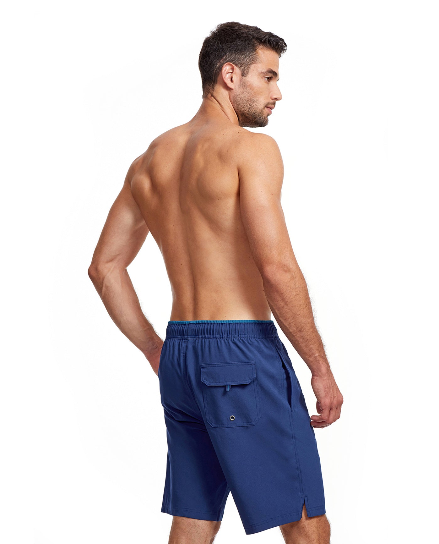 Back View Of Gottex Men 9-Inch Swim Trunks | GOTTEX MEN NAVY AND PETROL ACCENT