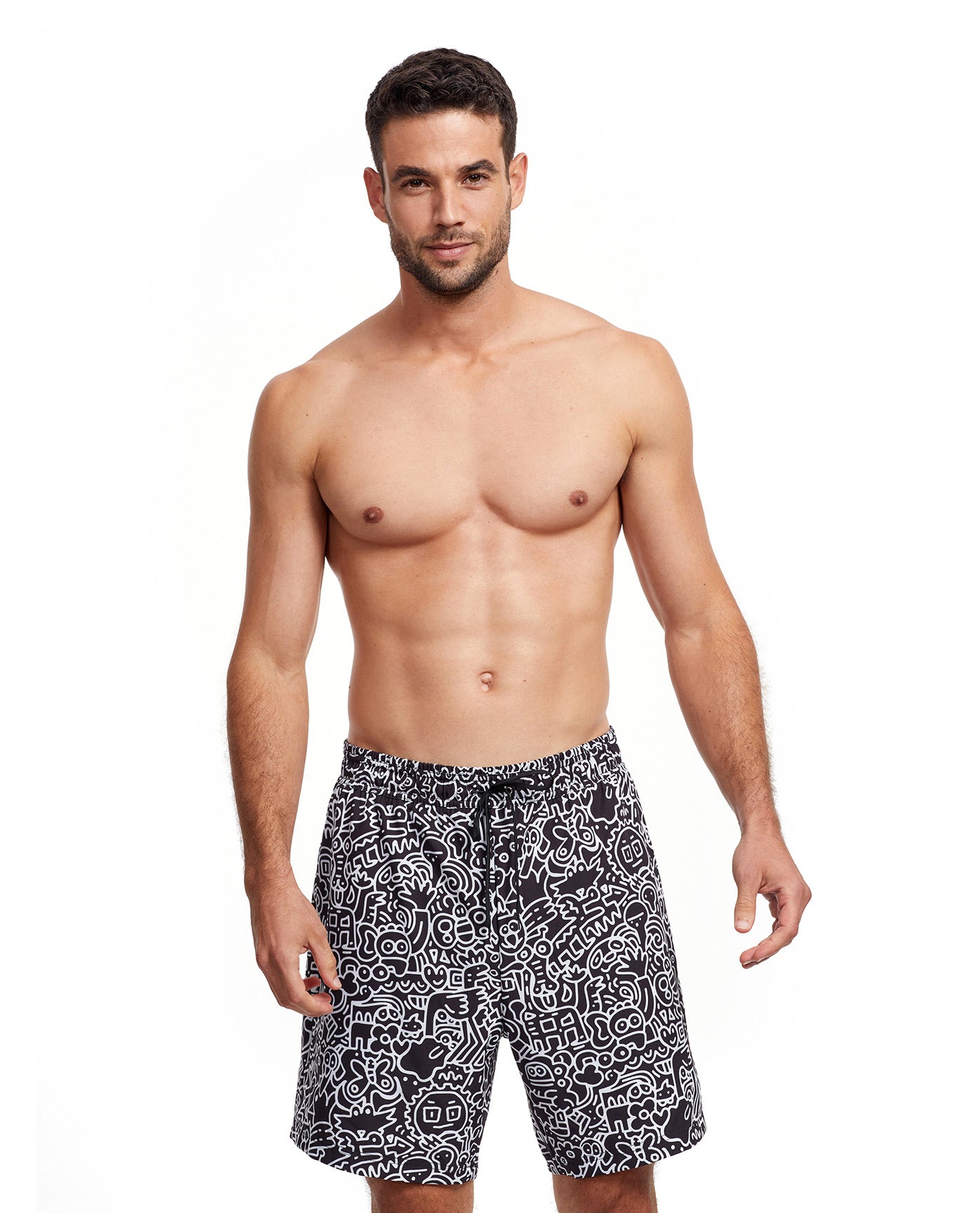 Front View Of Gottex Men 7-Inch Swim Trunks | GOTTEX MEN GRAPHIC BLACK AND WHITE