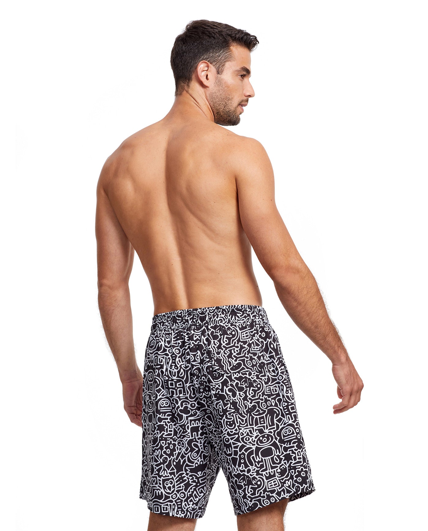 Back View Of Gottex Men 7-Inch Swim Trunks | GOTTEX MEN GRAPHIC BLACK AND WHITE