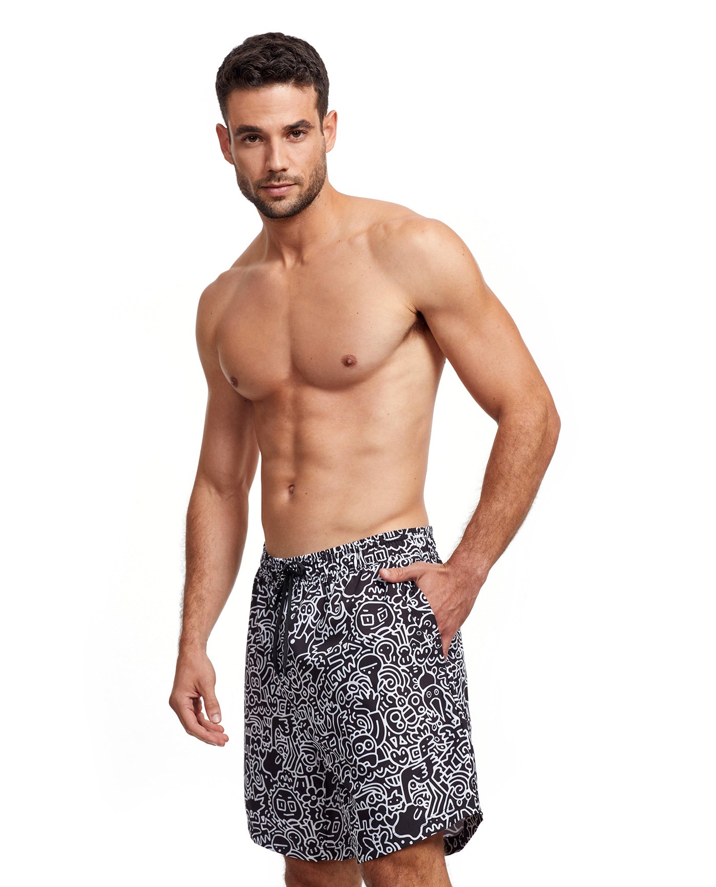Side View View Of Gottex Men 7-Inch Swim Trunks | GOTTEX MEN GRAPHIC BLACK AND WHITE