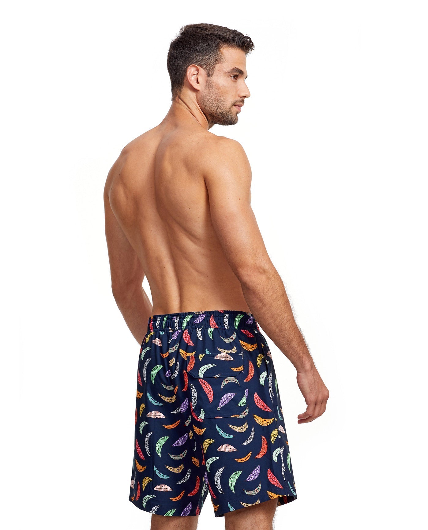 Back View Of Gottex Men 7-Inch Swim Trunks | GOTTEX MEN GRAPHIC BLUE FEATHERS