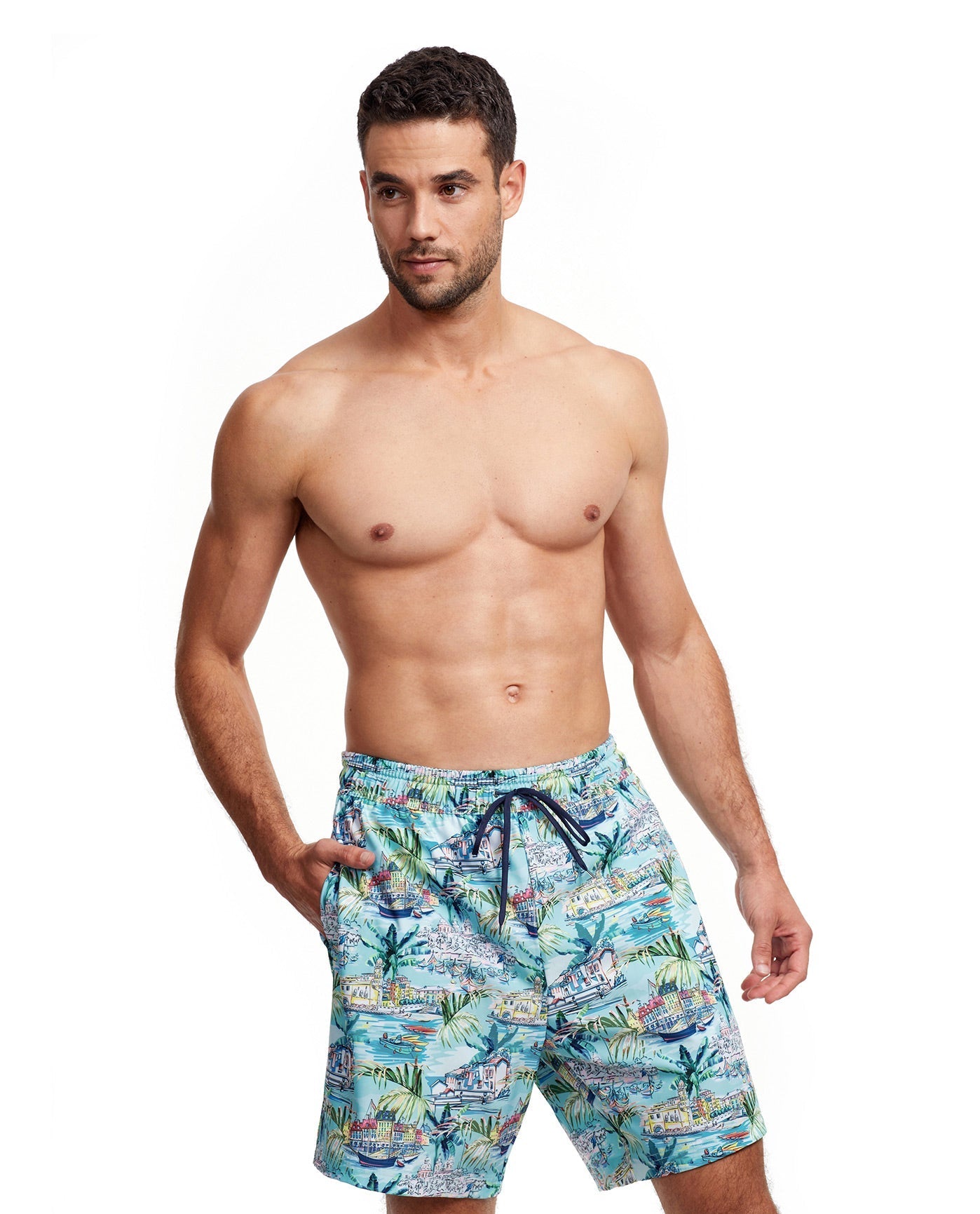 Front View Of Gottex Men 7-Inch Swim Trunks | GOTTEX MEN GRAPHIC TURQUOISE SCENE