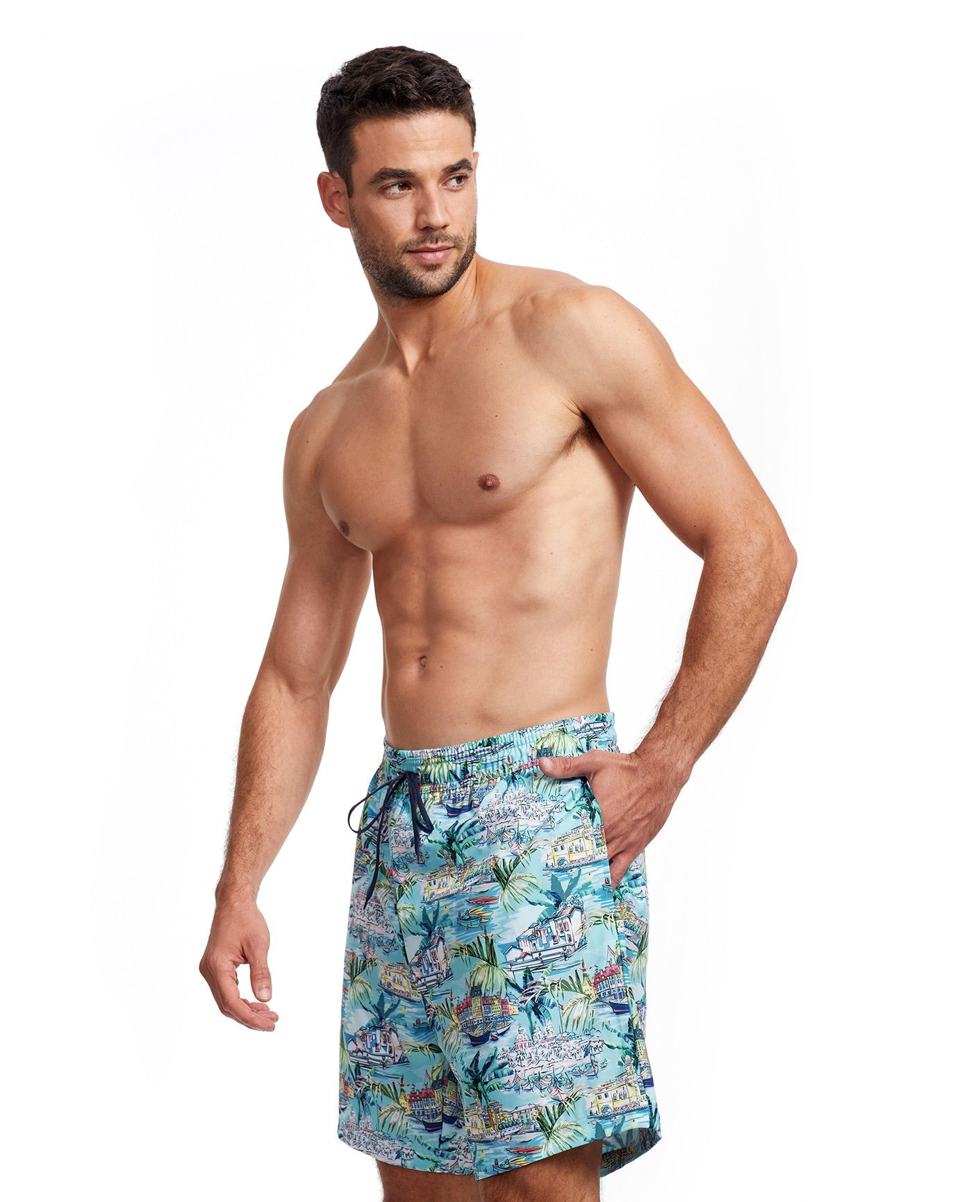 Side View View Of Gottex Men 7-Inch Swim Trunks | GOTTEX MEN GRAPHIC TURQUOISE SCENE