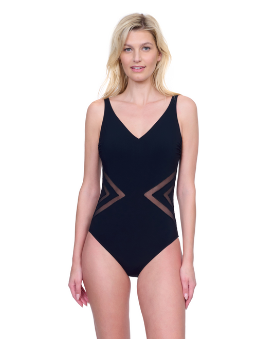 Front View Of Gottex Day Dreamer V Neck One Piece Swimsuit | Gottex Day Dreamer Black