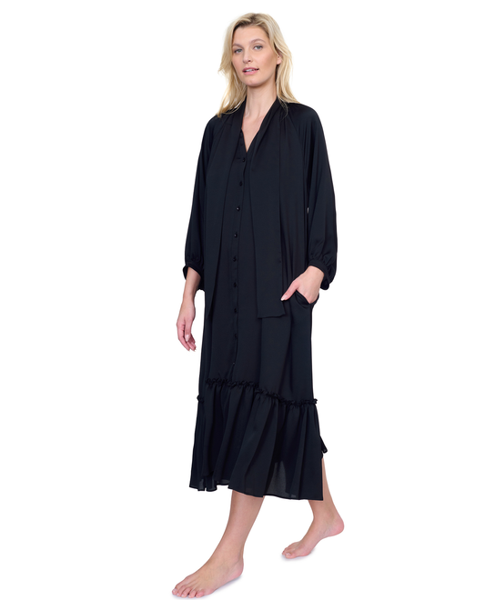 Side View Of Gottex Day Dreamer Button Down Maxi Long Dress with Long Sleeves Swim Cover up | Gottex Mirage Black